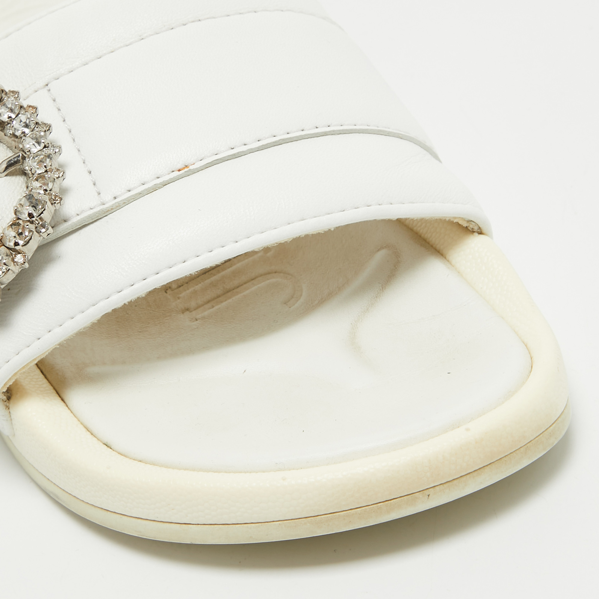 Jimmy Choo White Leather Crystal Embellished Flat Slides Size 39