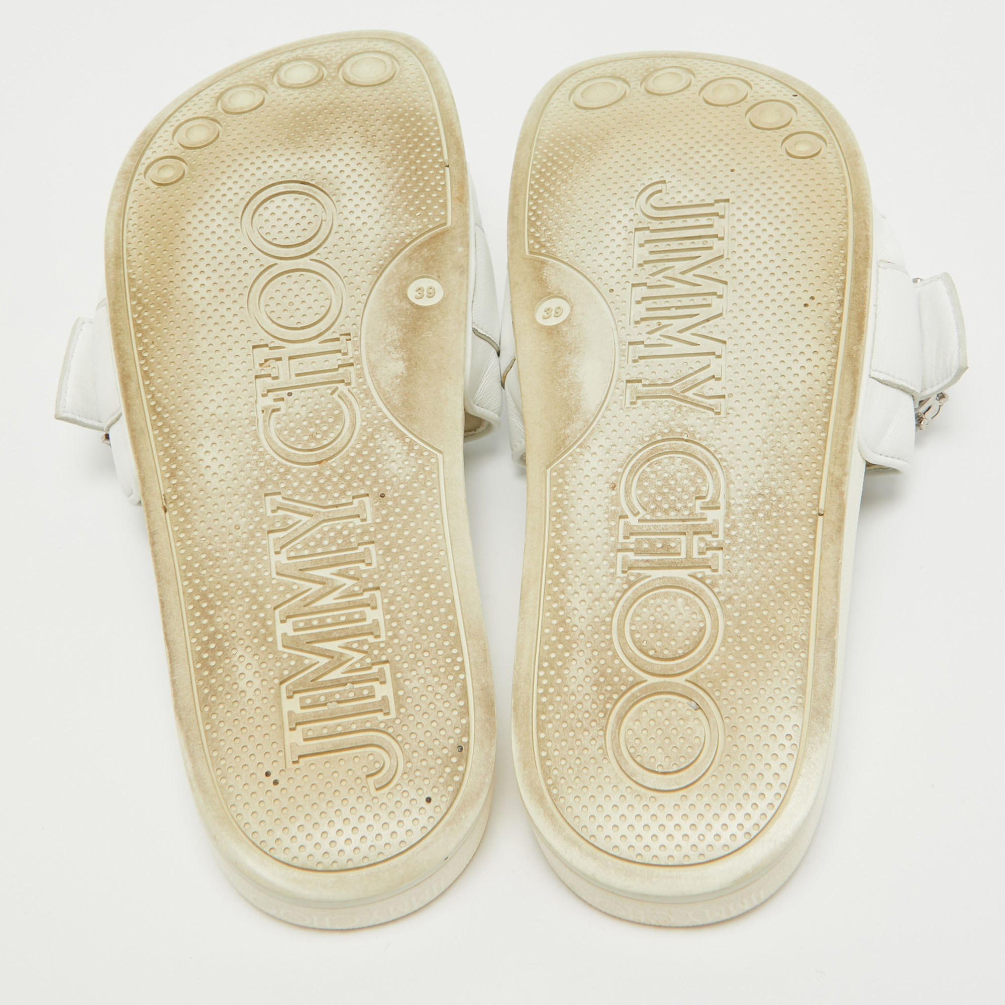 Jimmy Choo White Leather Crystal Embellished Flat Slides Size 39