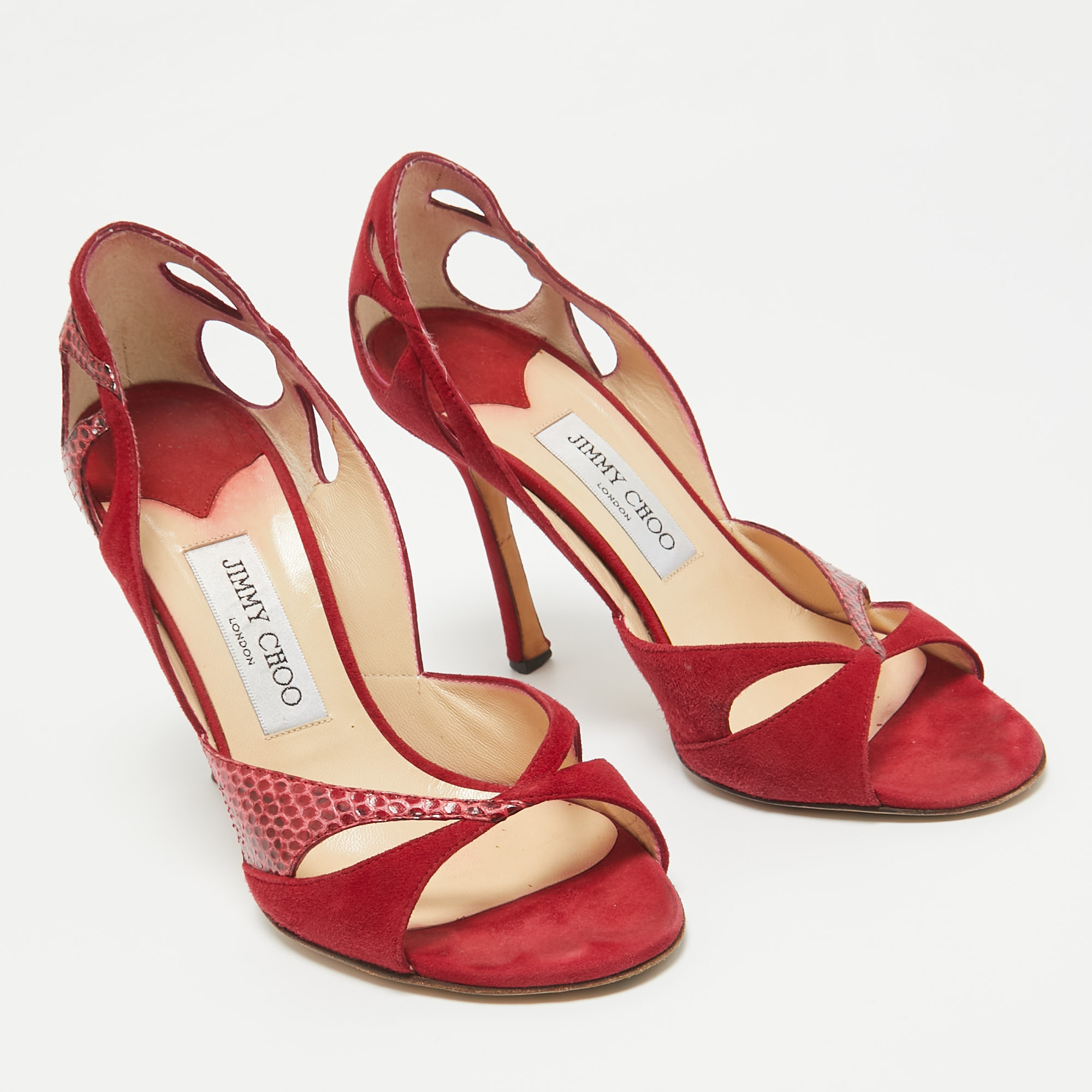 Jimmy Choo Red Suede And Watersnake Cut Out Open Toe Pumps Size 39.5