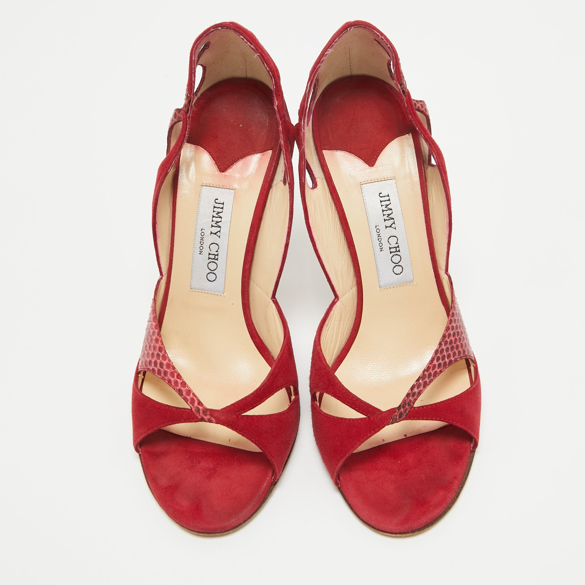 Jimmy Choo Red Suede And Watersnake Cut Out Open Toe Pumps Size 39.5