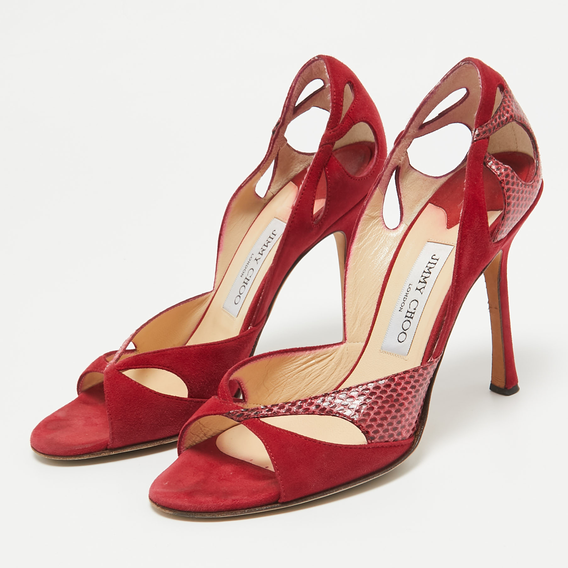 Jimmy Choo Red Suede And Watersnake Cut Out Open Toe Pumps Size 39.5