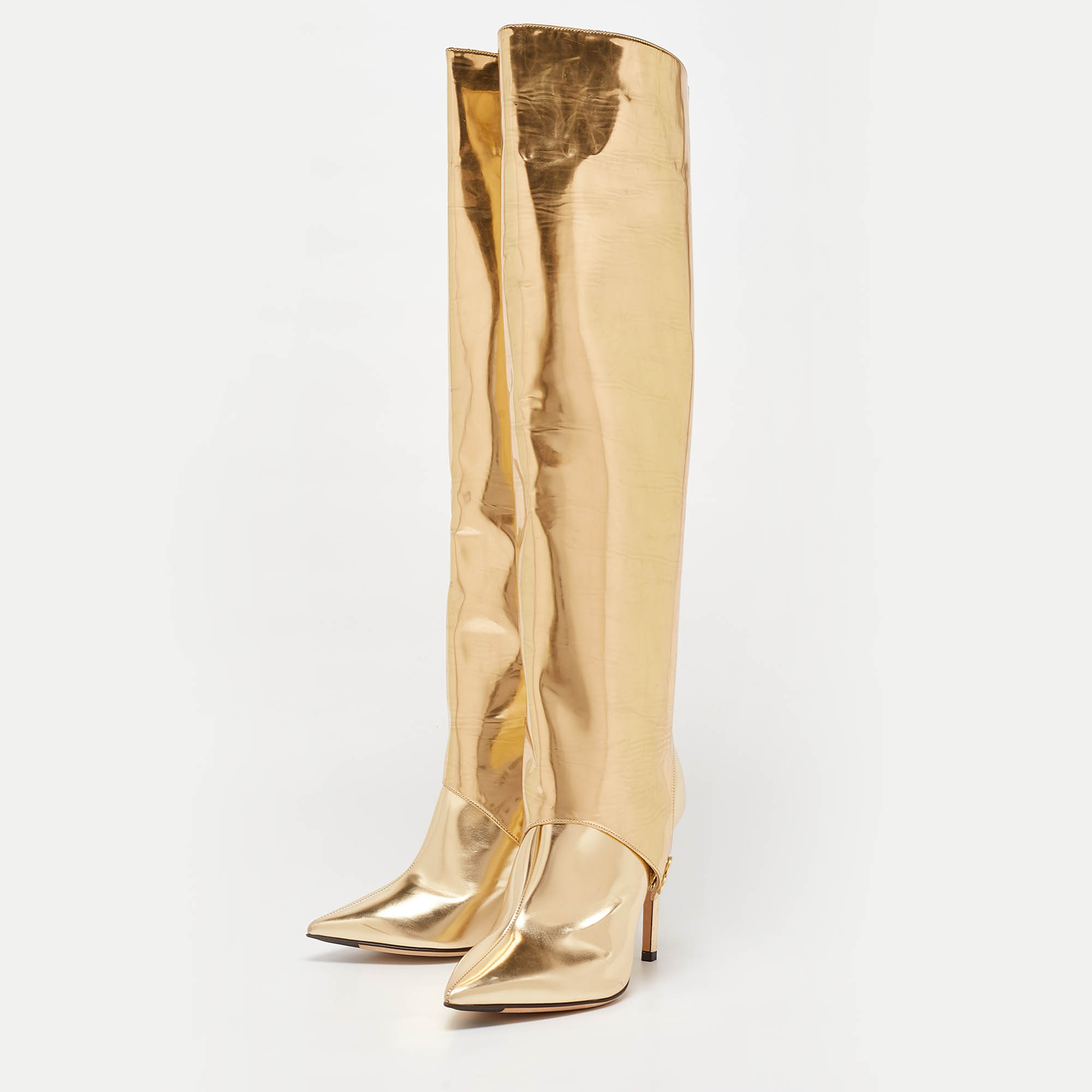 Jimmy Choo Gold Patent Leather Knee Length Boots Size 37.5