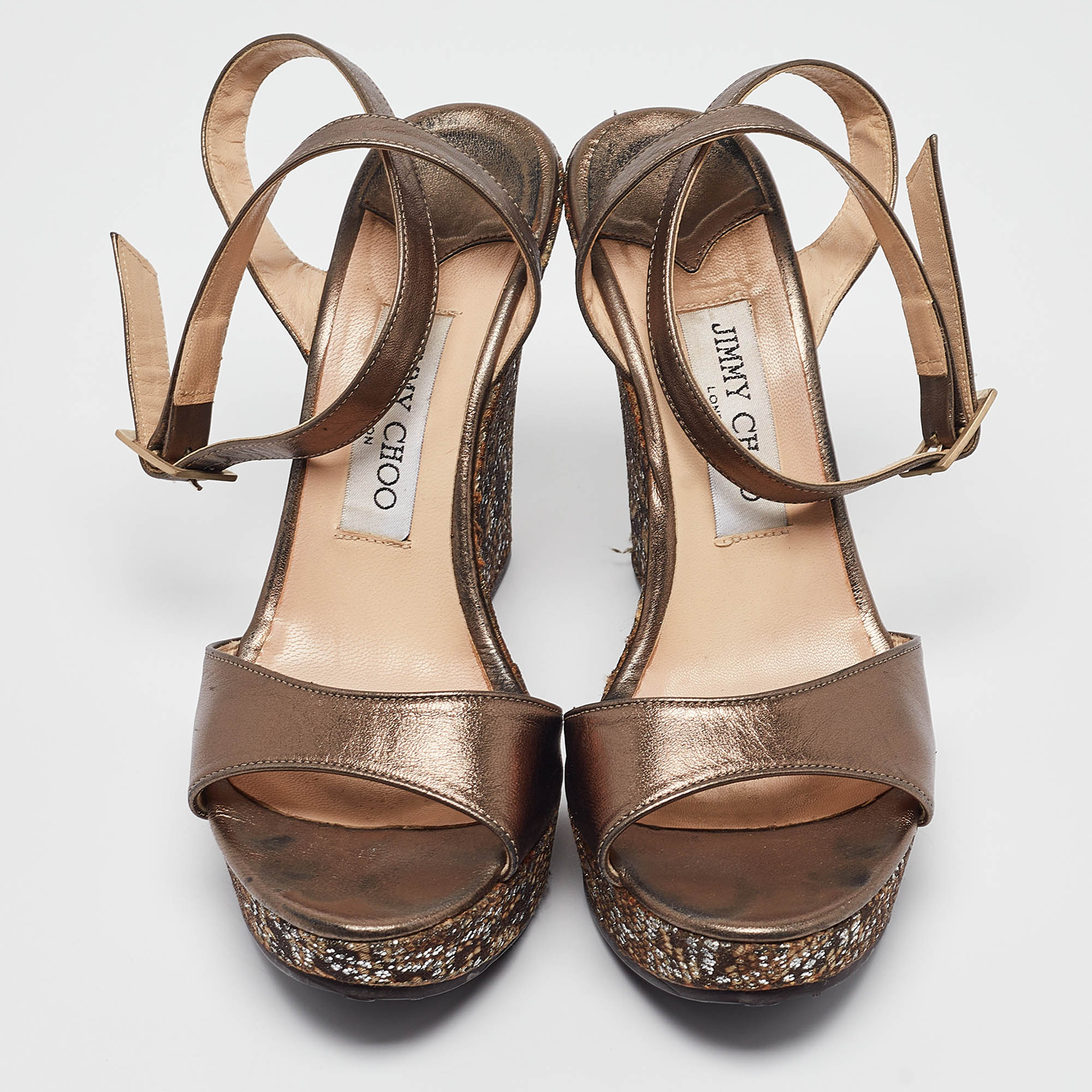 Jimmy Choo Metallic Leather Glitter Wedge Ankle Strap Sandals Size 40