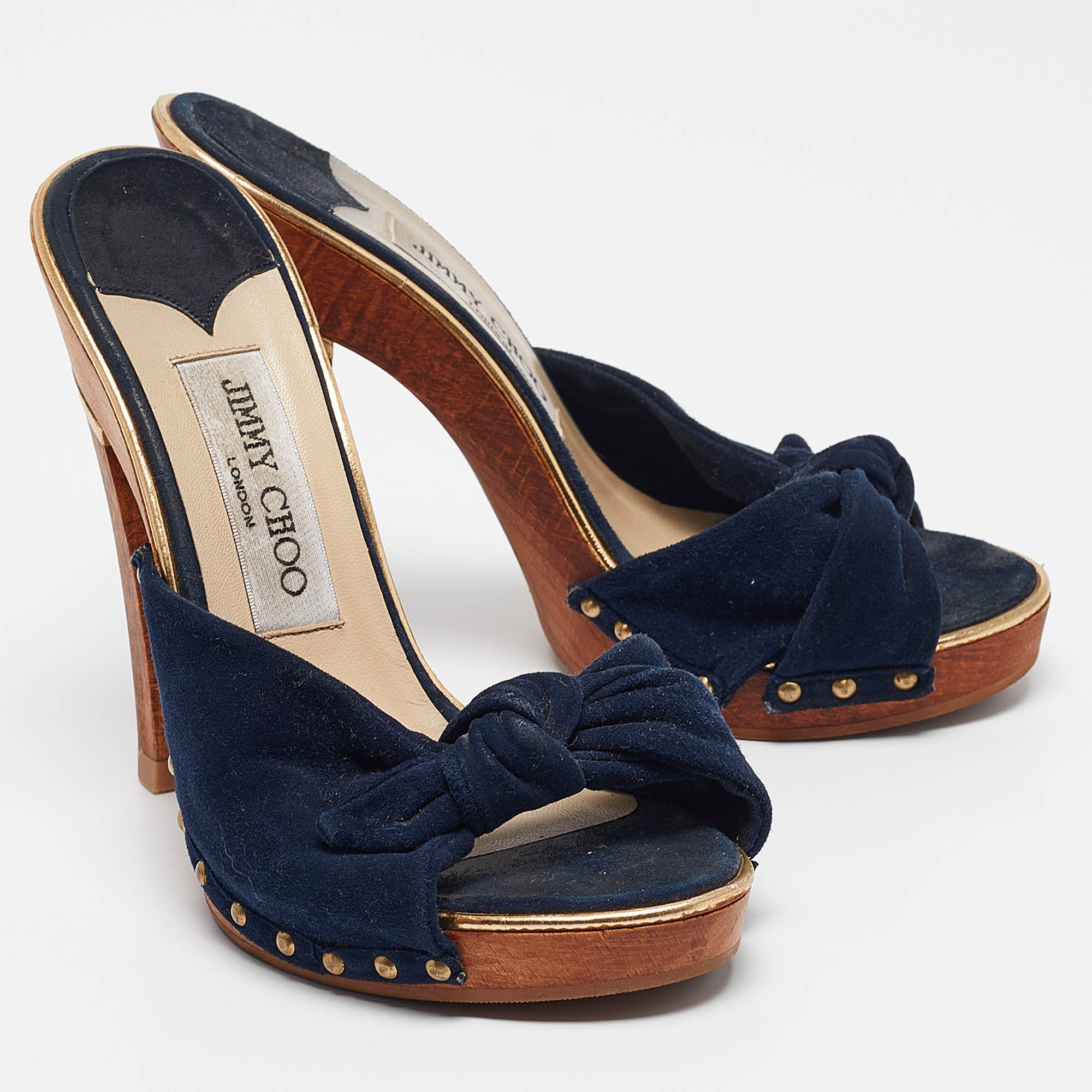 Jimmy Choo Navy Blue Suede Bow Platform Slide Sandals Size 36