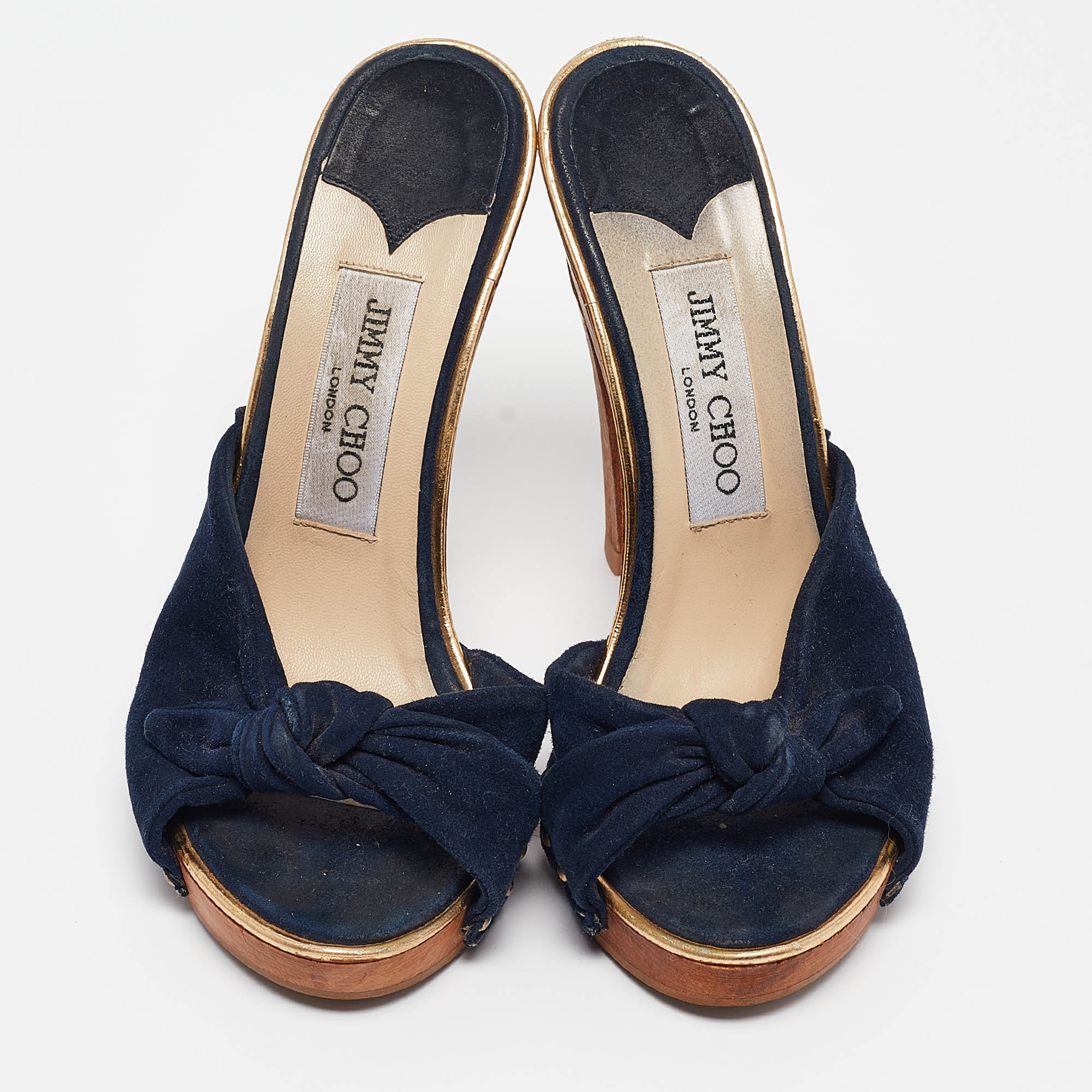 Jimmy Choo Navy Blue Suede Bow Platform Slide Sandals Size 36