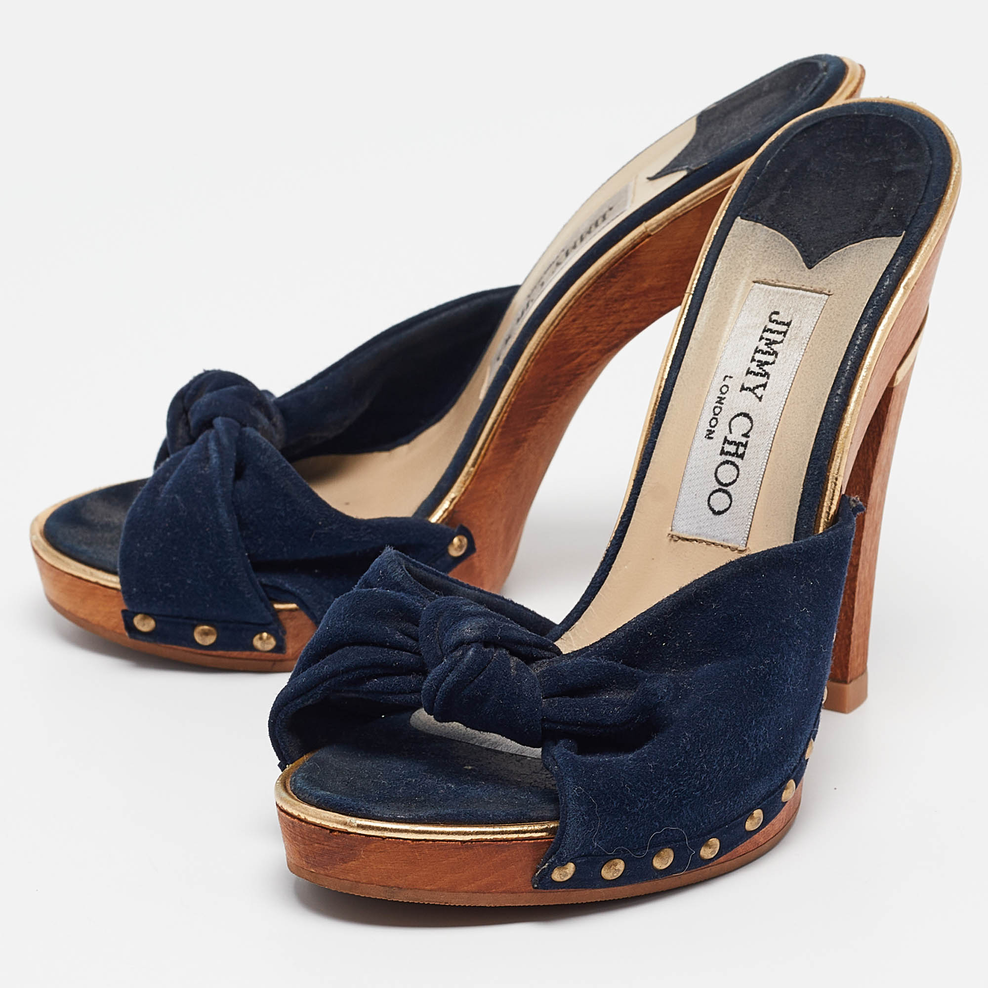 Jimmy Choo Navy Blue Suede Bow Platform Slide Sandals Size 36