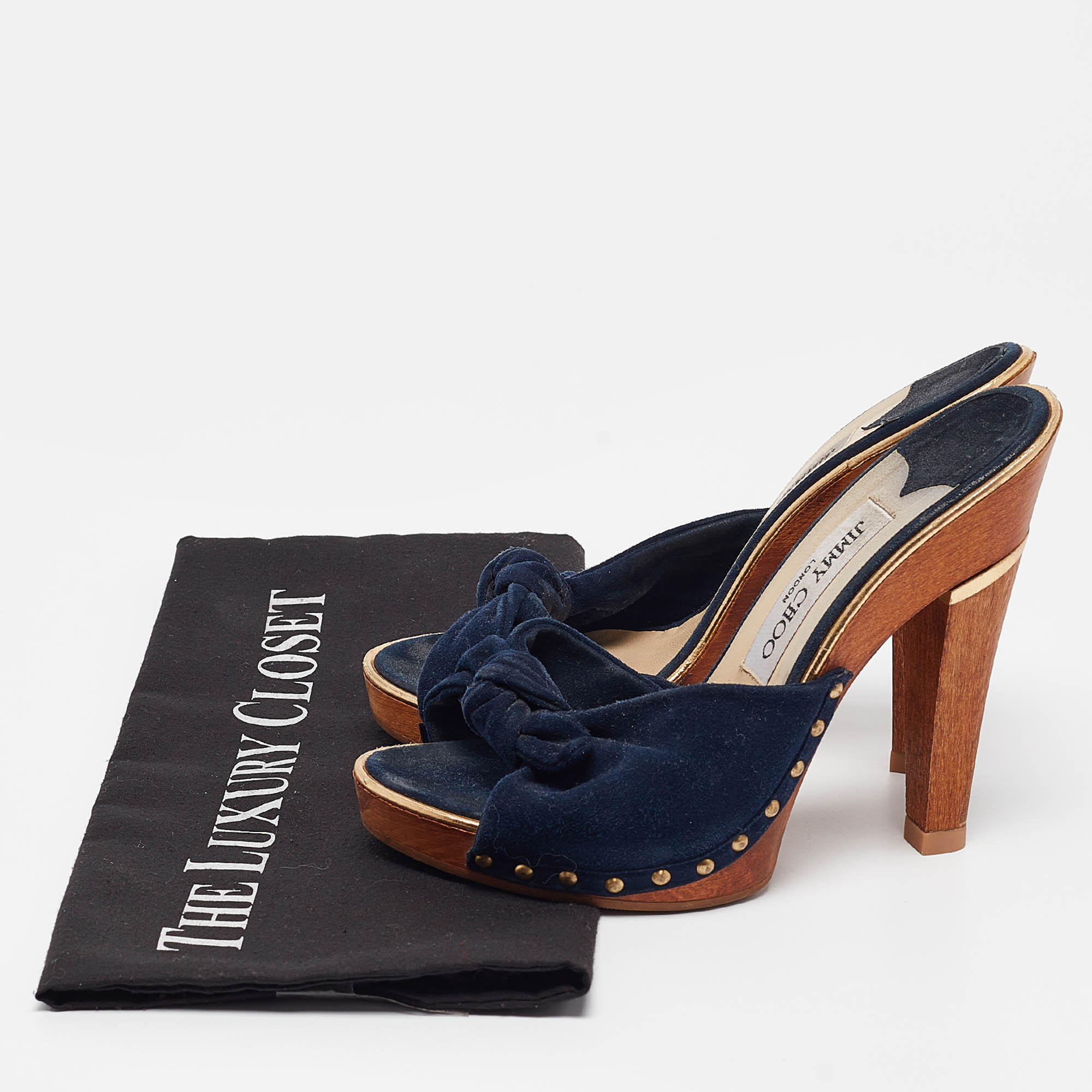 Jimmy Choo Navy Blue Suede Bow Platform Slide Sandals Size 36