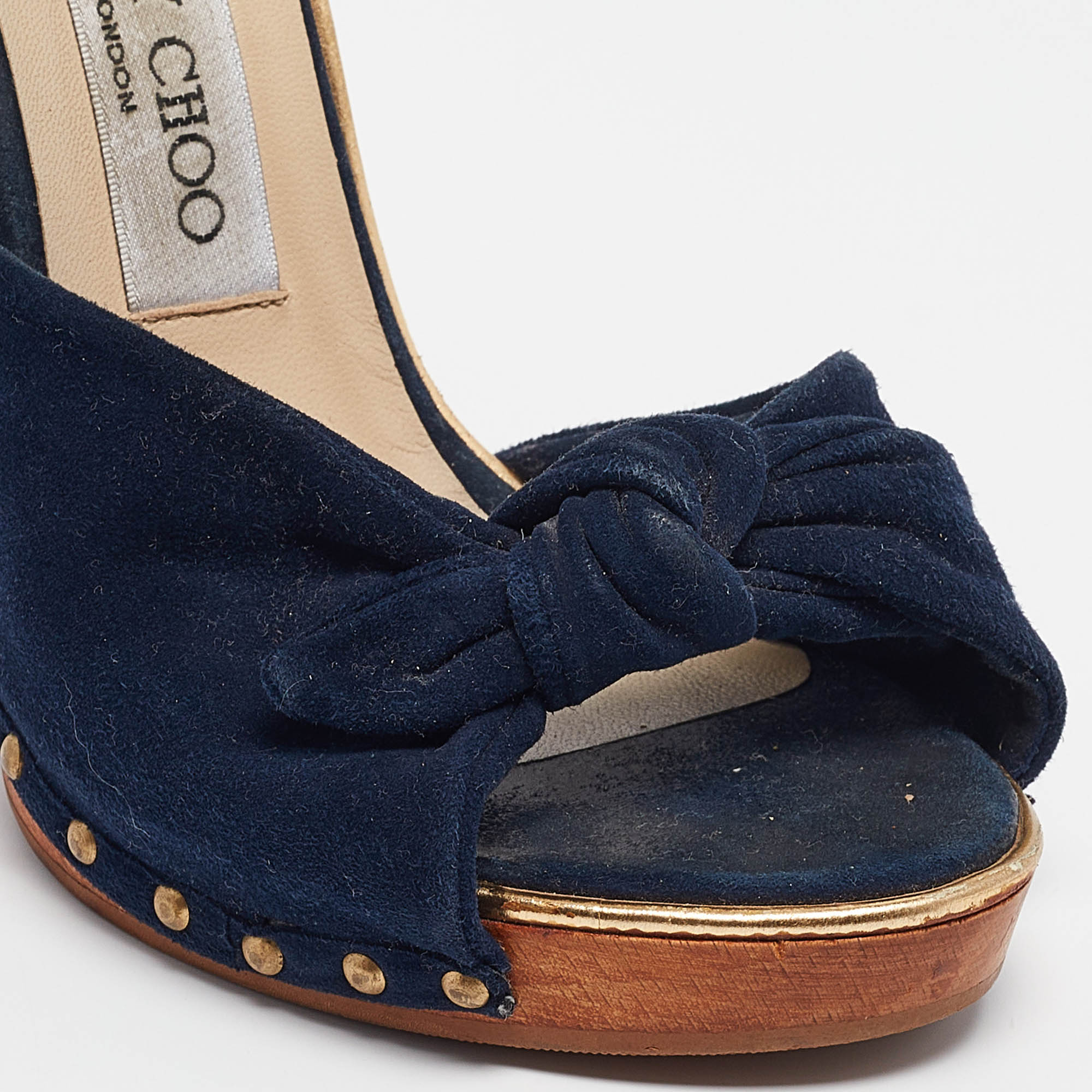 Jimmy Choo Navy Blue Suede Bow Platform Slide Sandals Size 36