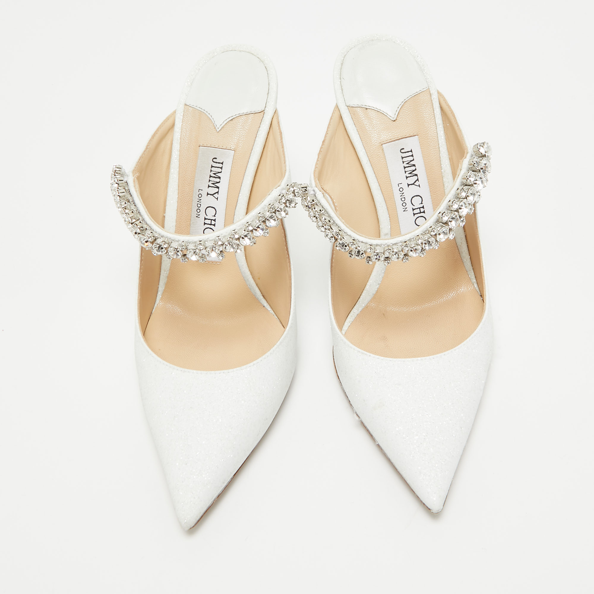 Jimmy Choo White Glitter Bing Mules Size 35