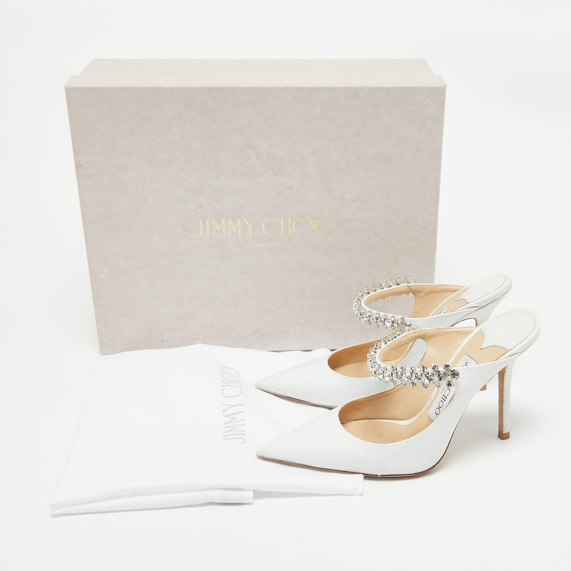 Jimmy Choo White Glitter Bing Mules Size 35