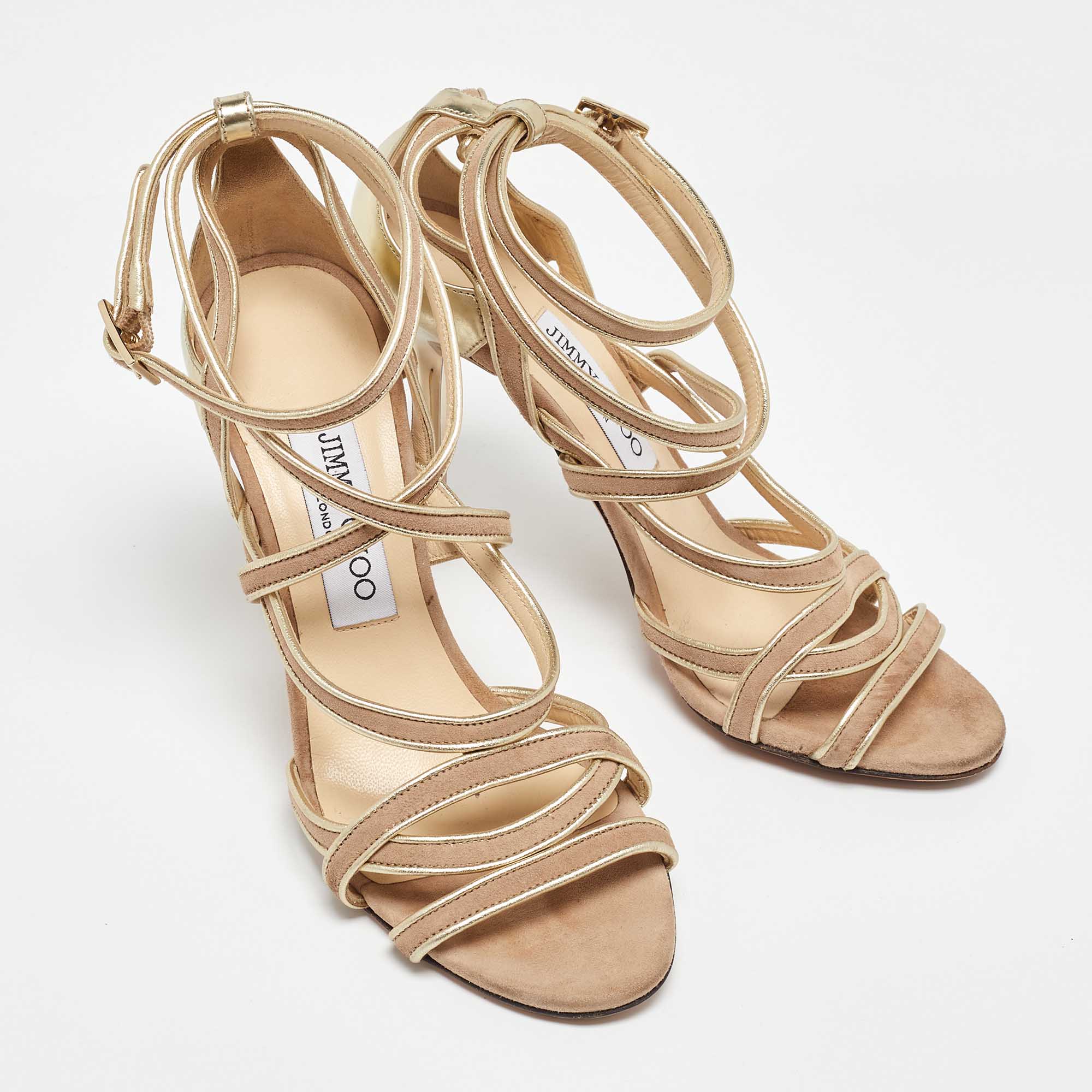 Jimmy Choo Gold/Beige Leather And Suede Ankle Strap Sandals Size 37.5