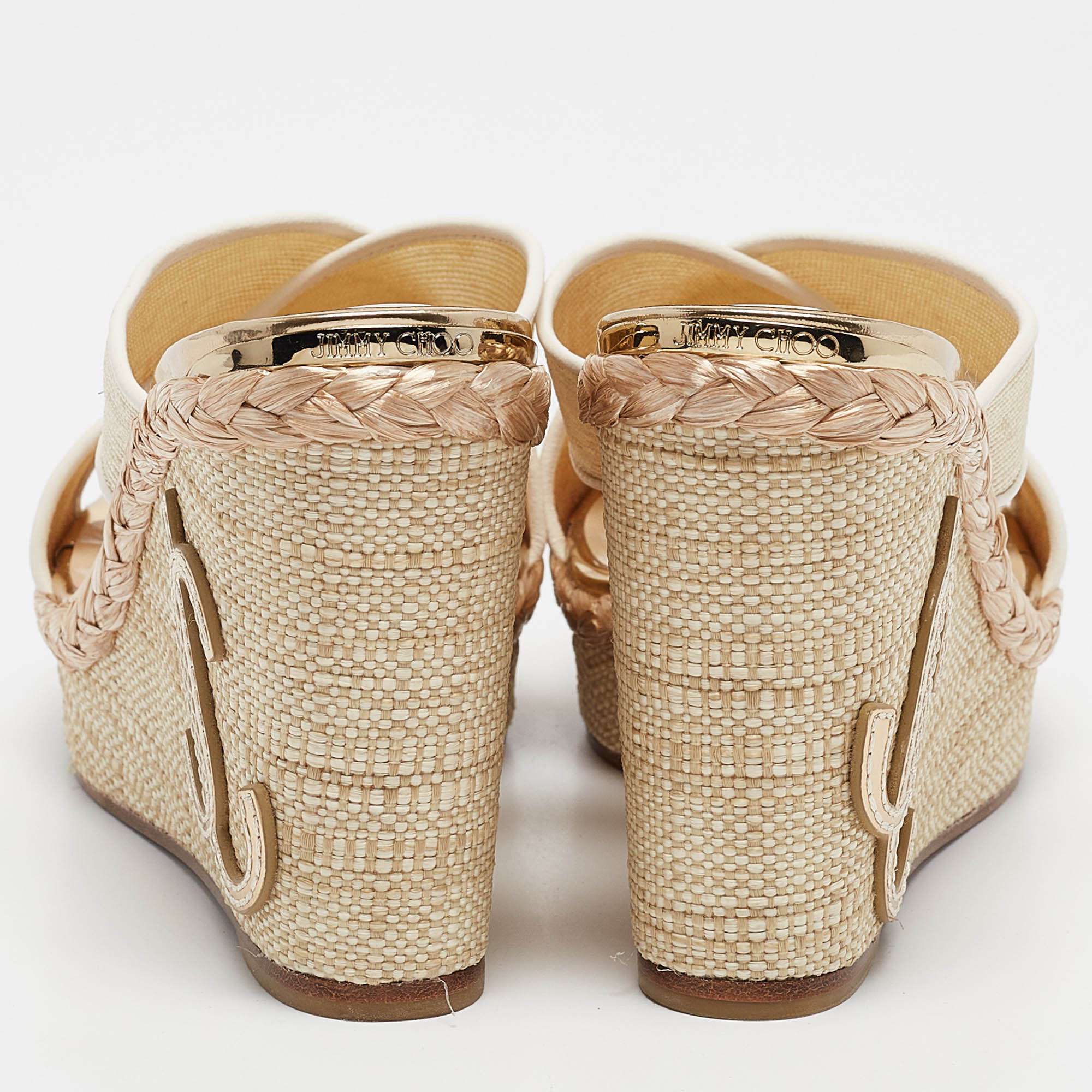 Jimmy Choo Beige Canvas Dovina Wedge Sandals Size 38