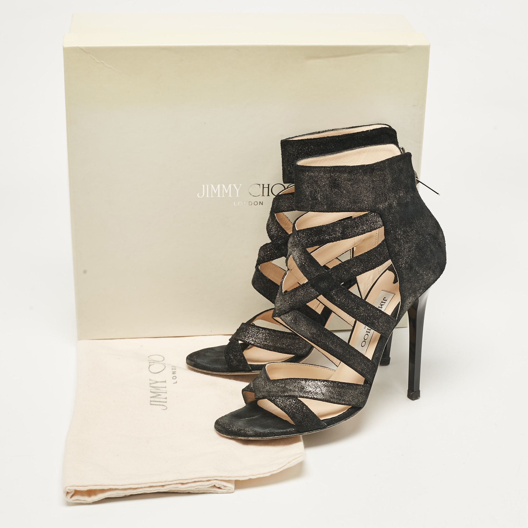 Jimmy Choo Black Glitter Suede Strappy Sandals Size 38.5