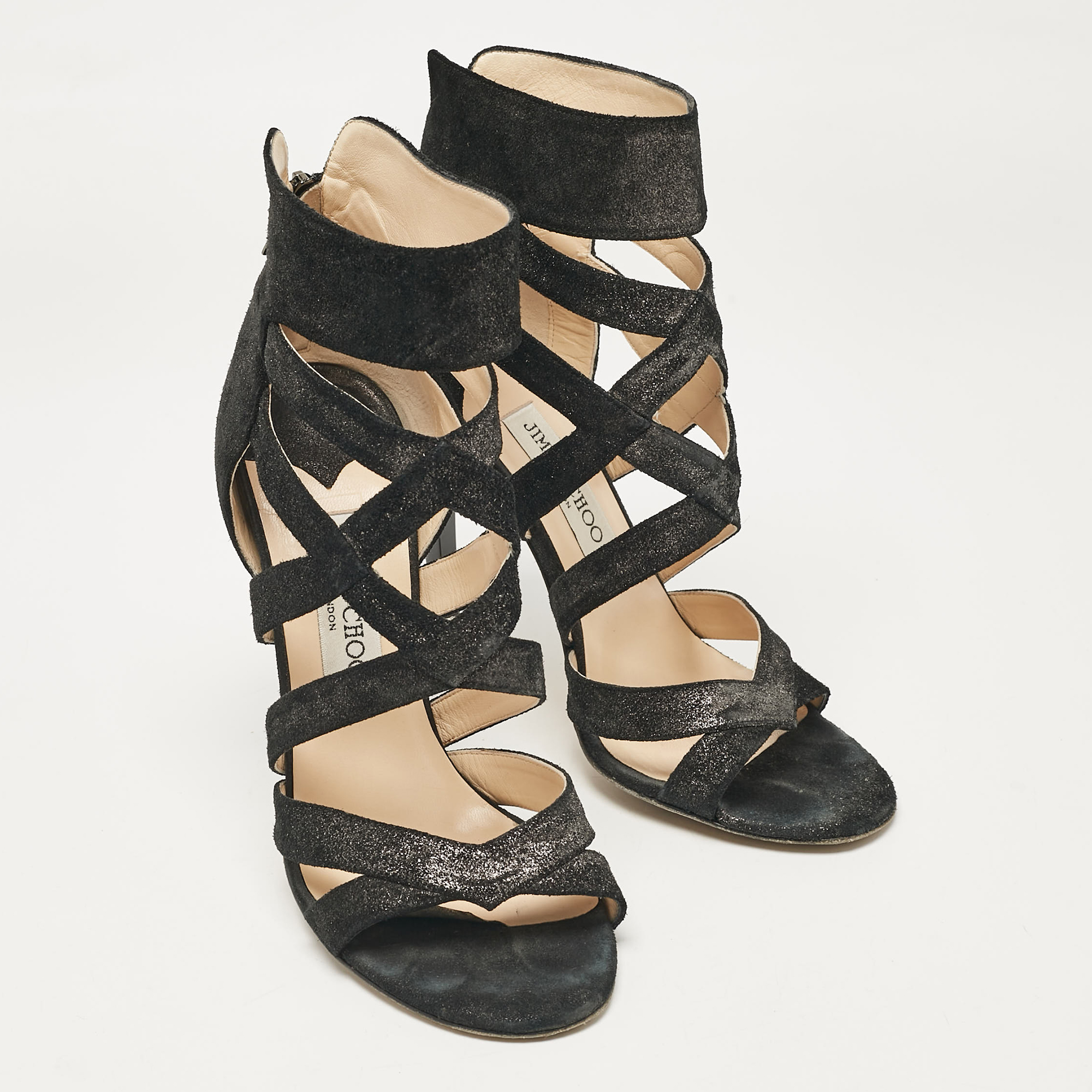 Jimmy Choo Black Glitter Suede Strappy Sandals Size 38.5