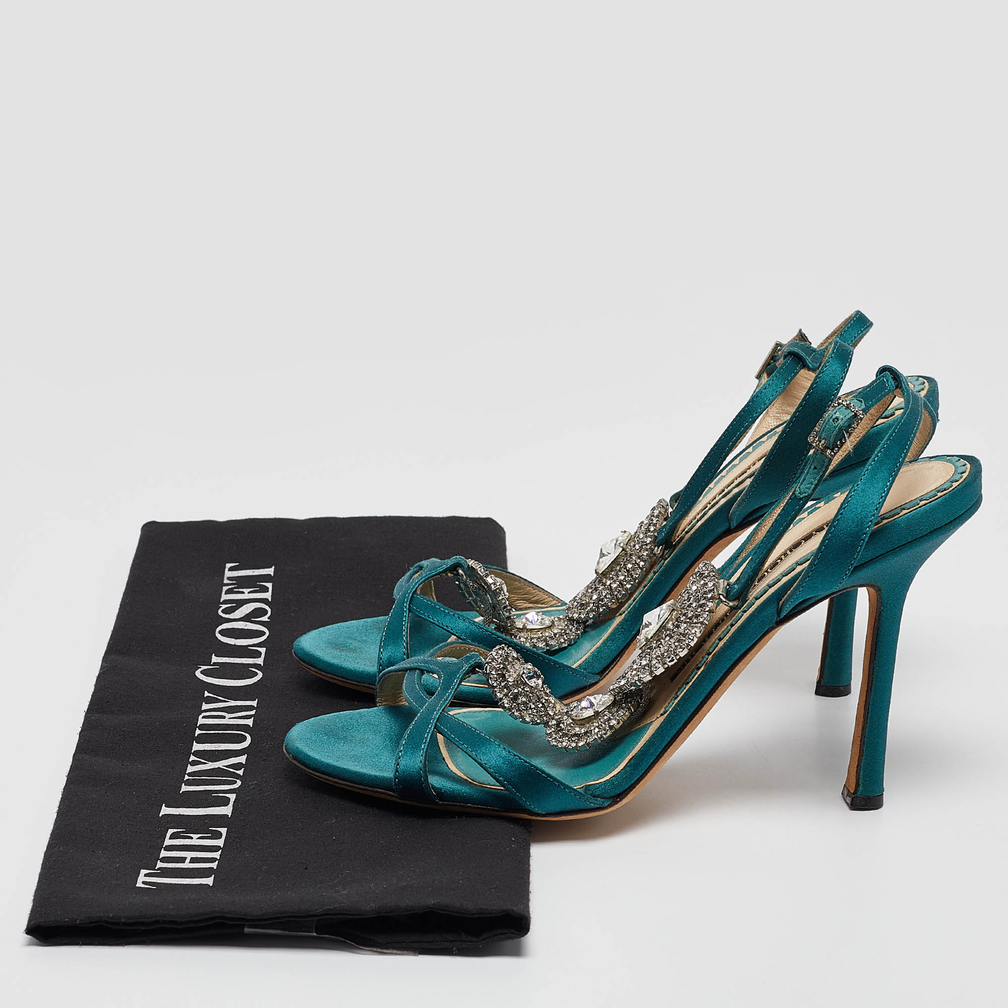 Jimmy Choo Green Satin Crystal Embellished Ankle Strap Sandals Size 37