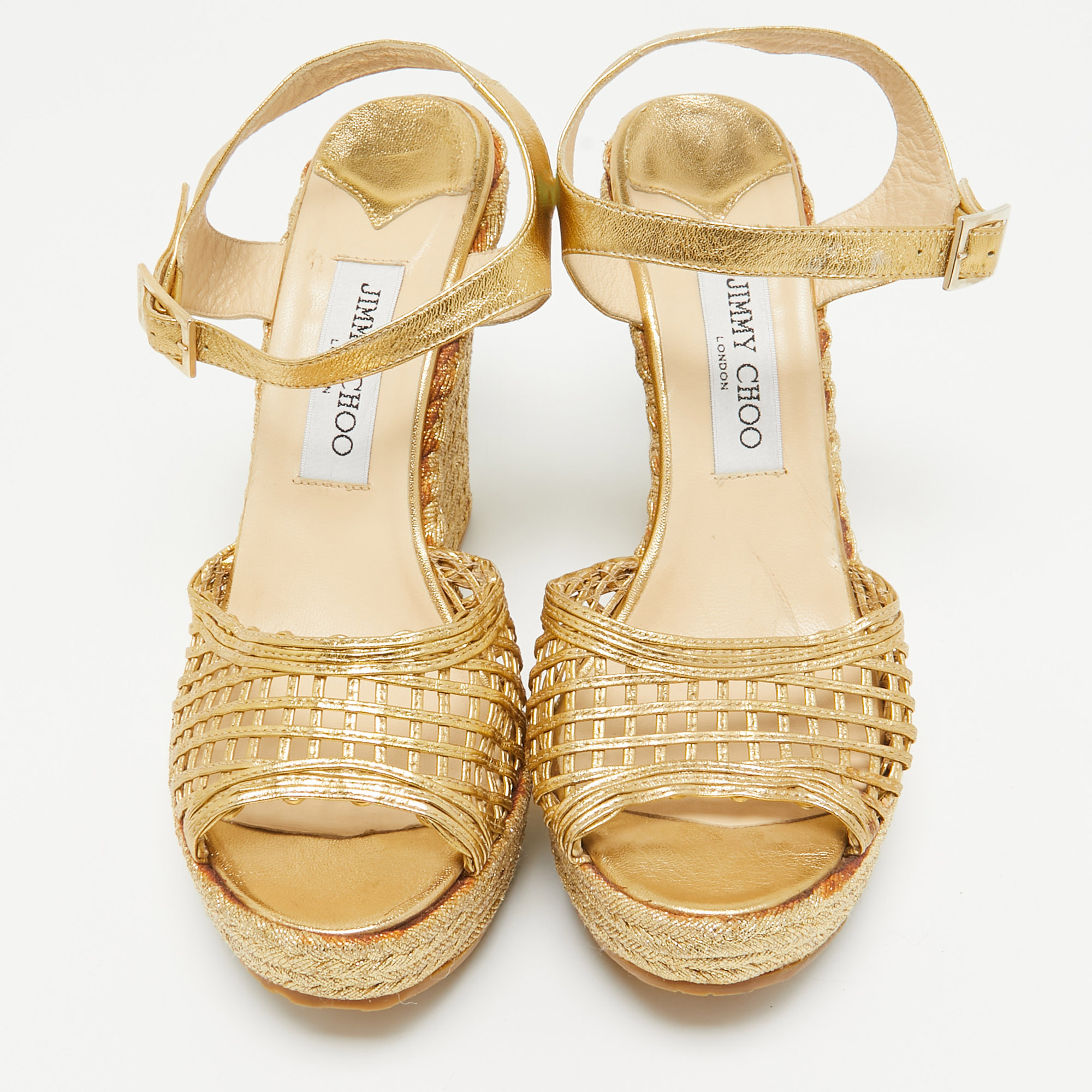 Jimmy Choo Gold Leather Platform Wedge Ankle Strap Sandals Size 39.5