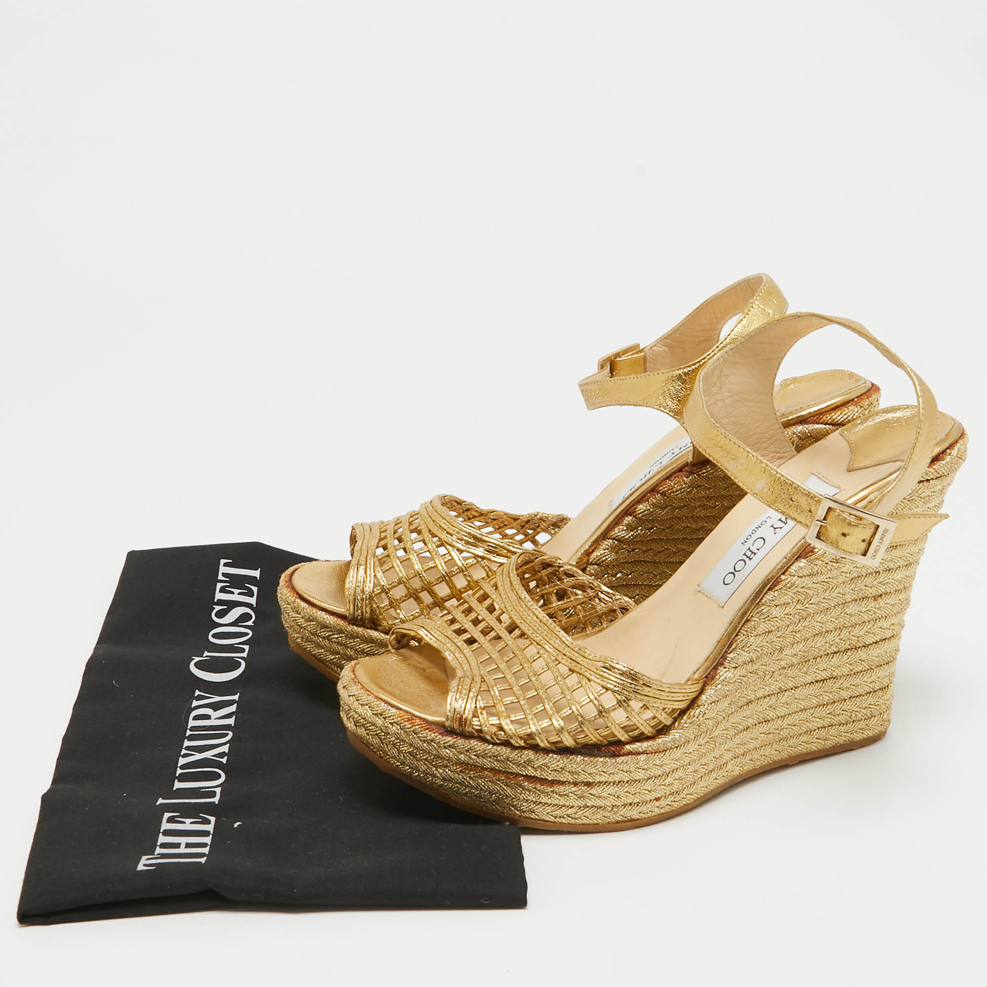 Jimmy Choo Gold Leather Platform Wedge Ankle Strap Sandals Size 39.5