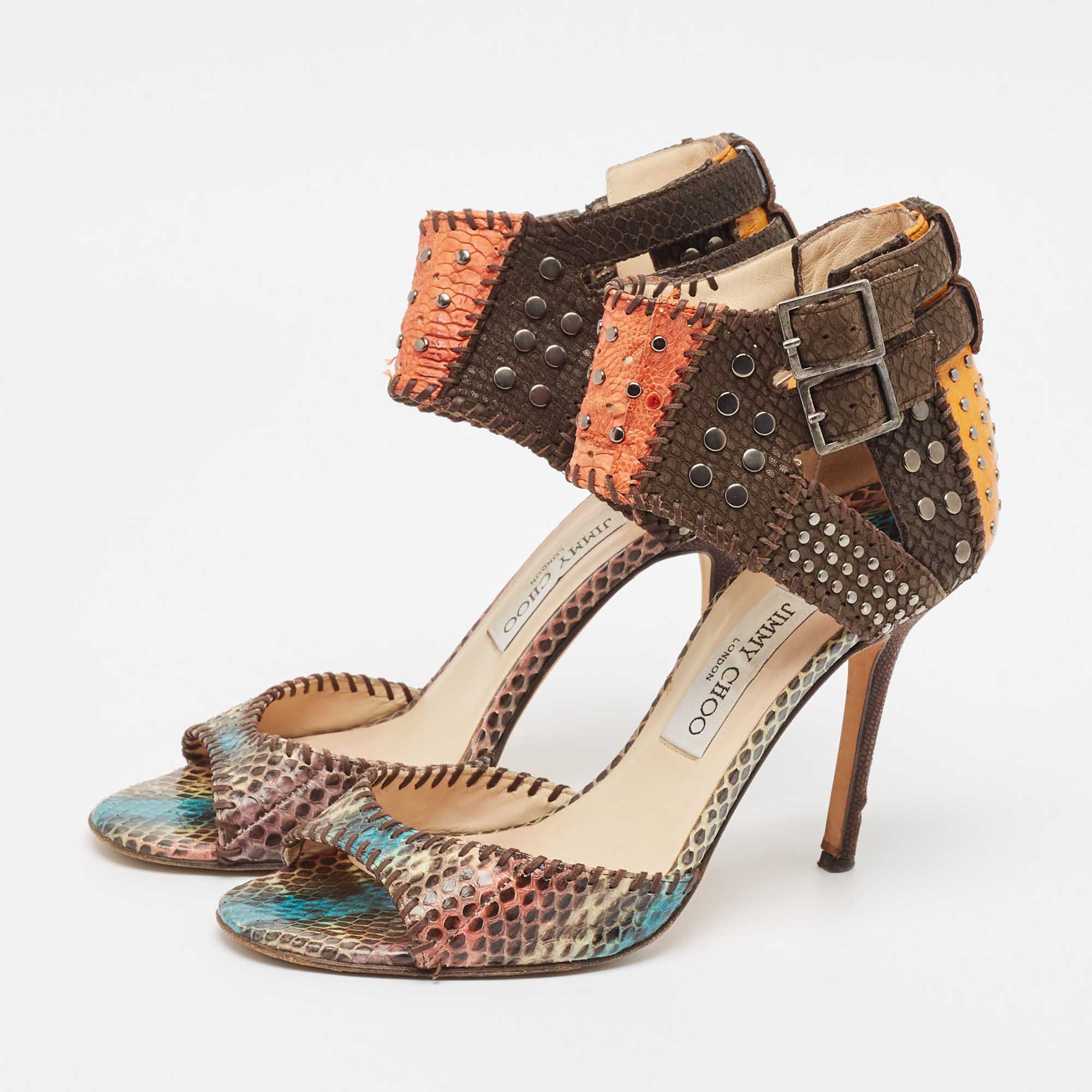 Jimmy Choo Multicolor Python Leather Ankle Strap Sandals Size 39