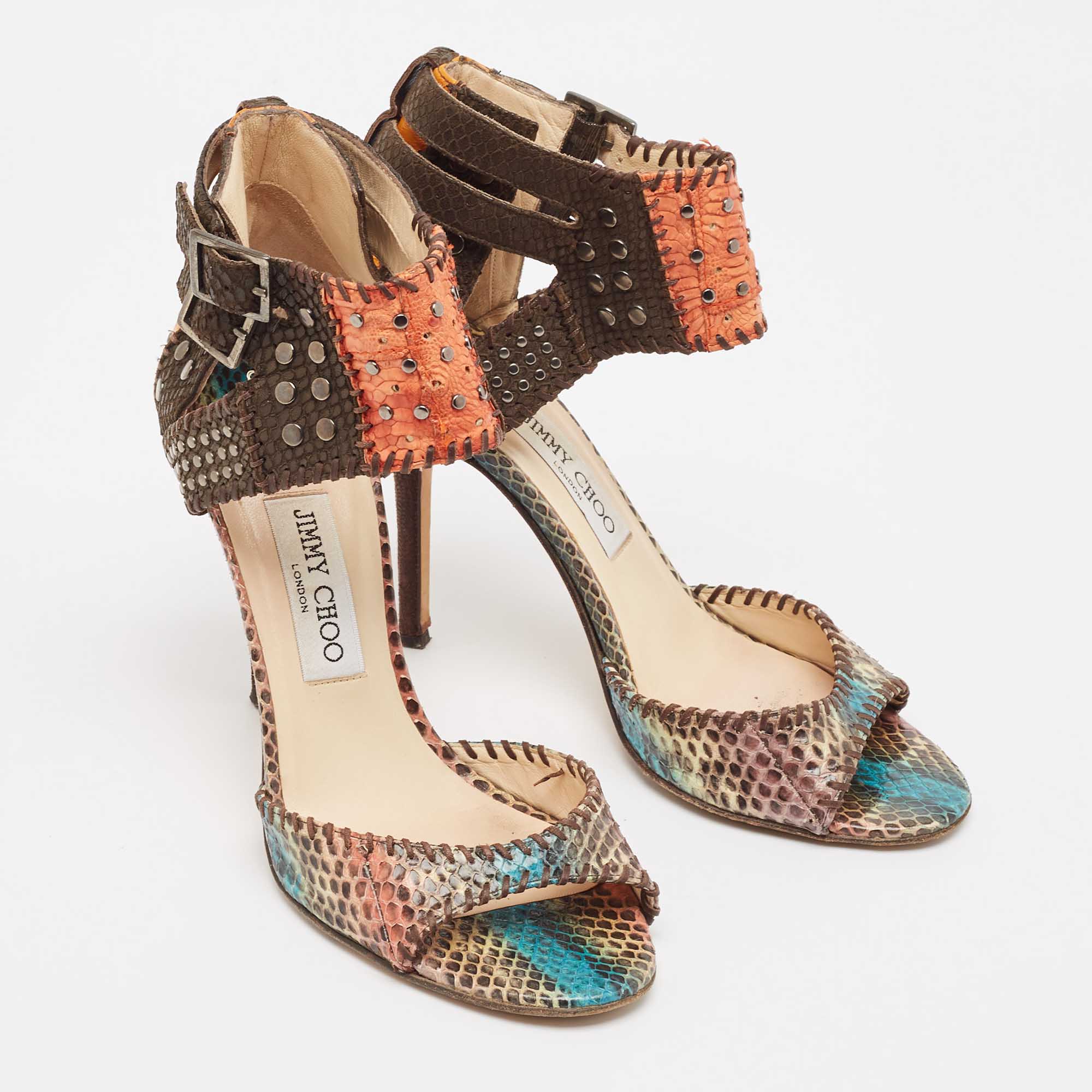 Jimmy Choo Multicolor Python Leather Ankle Strap Sandals Size 39