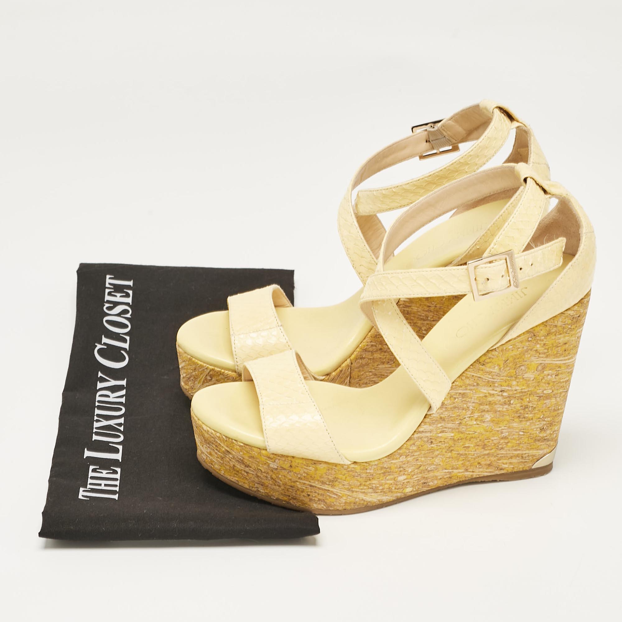 Jimmy Choo Yellow Snakeskin Leather Platform Wedge Sandals Size 37.5