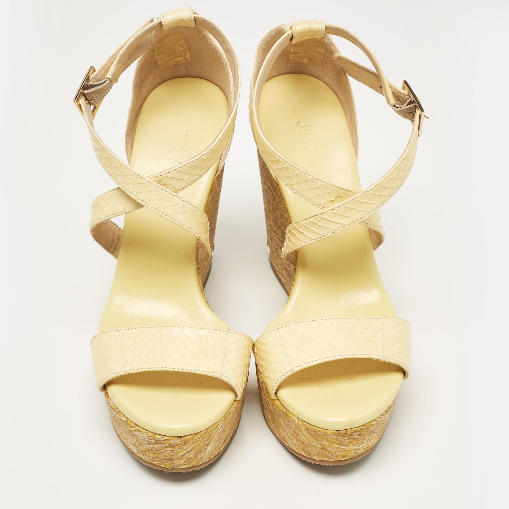 Jimmy Choo Yellow Snakeskin Leather Platform Wedge Sandals Size 37.5