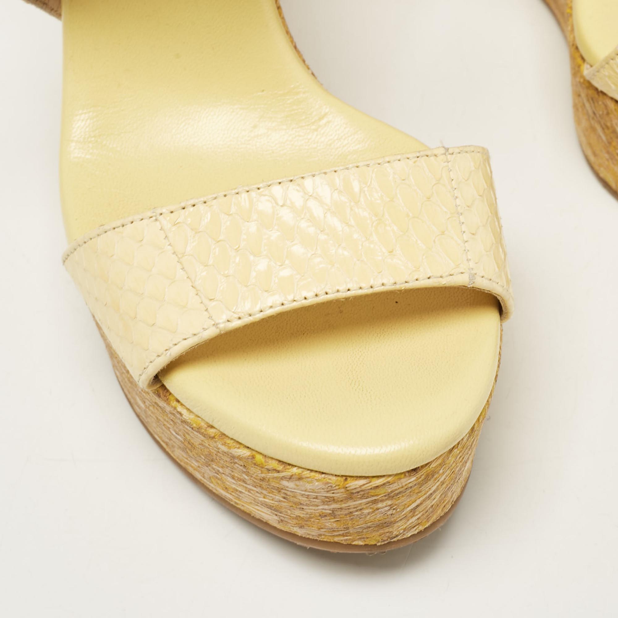 Jimmy Choo Yellow Snakeskin Leather Platform Wedge Sandals Size 37.5