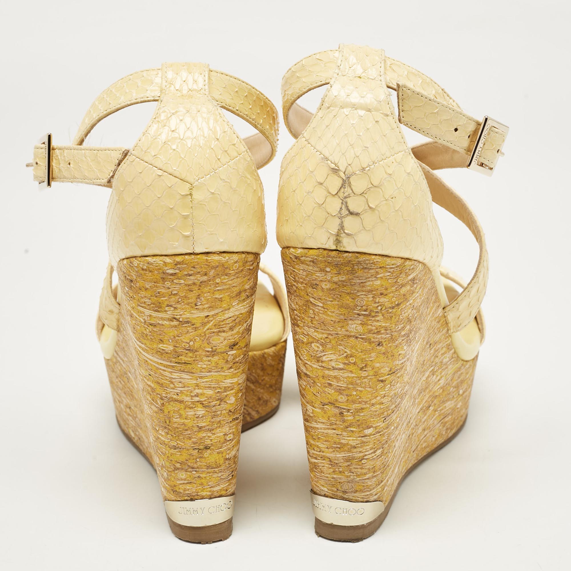 Jimmy Choo Yellow Snakeskin Leather Platform Wedge Sandals Size 37.5