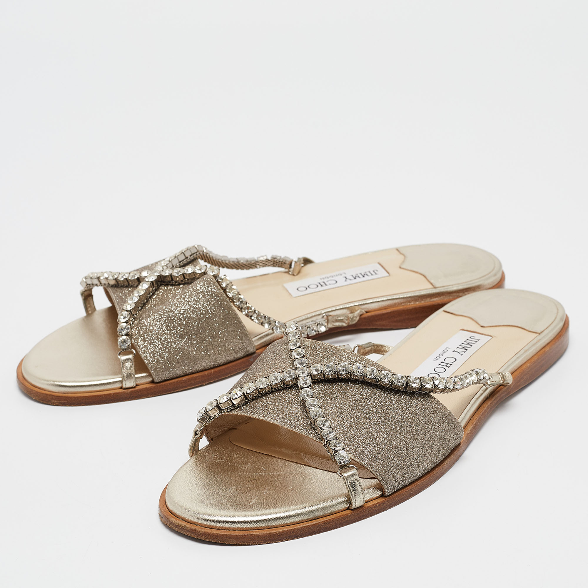 Jimmy Choo Metallic Glitter Crystal Embellished Aadi Slides Size 41