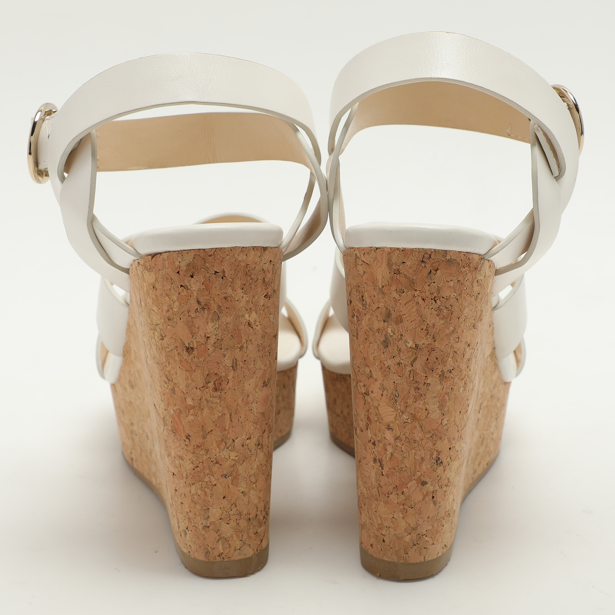 Jimmy Choo White Leather Wedge Cork Platform Sandals Size 38.5