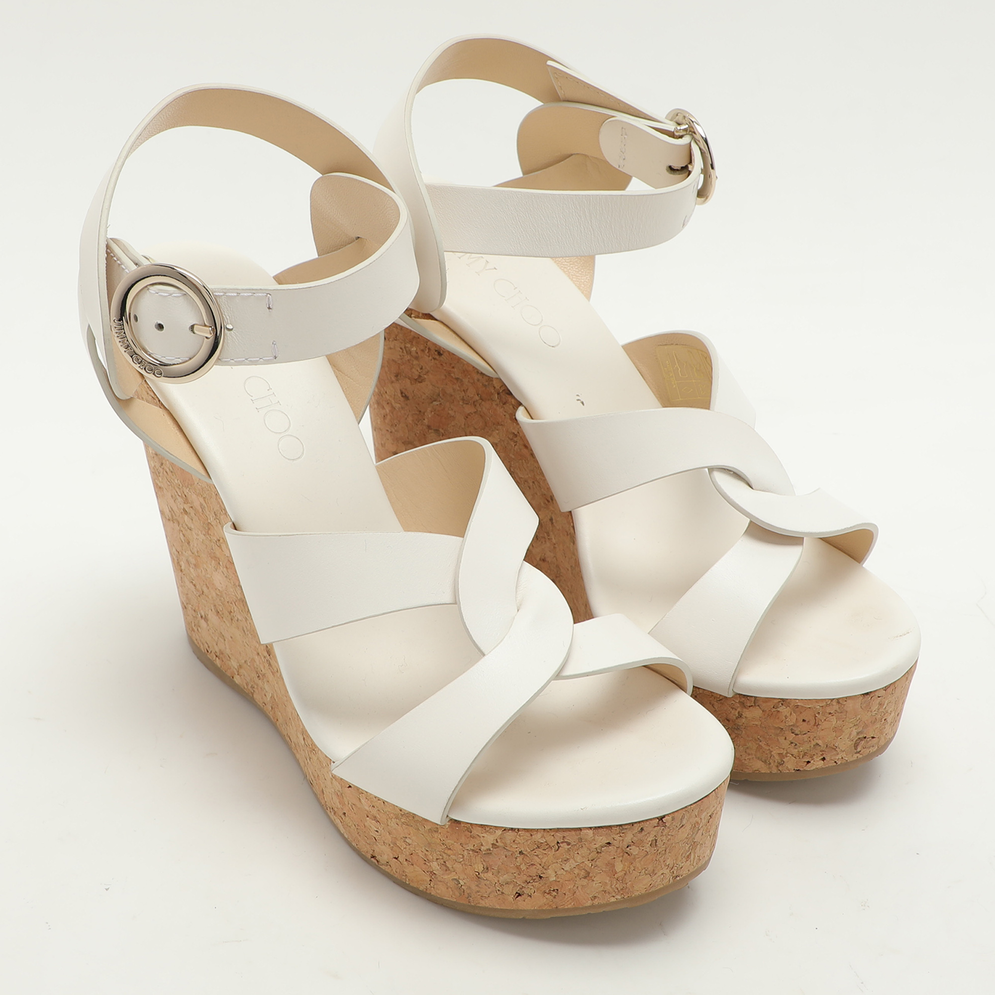 Jimmy Choo White Leather Wedge Cork Platform Sandals Size 38.5