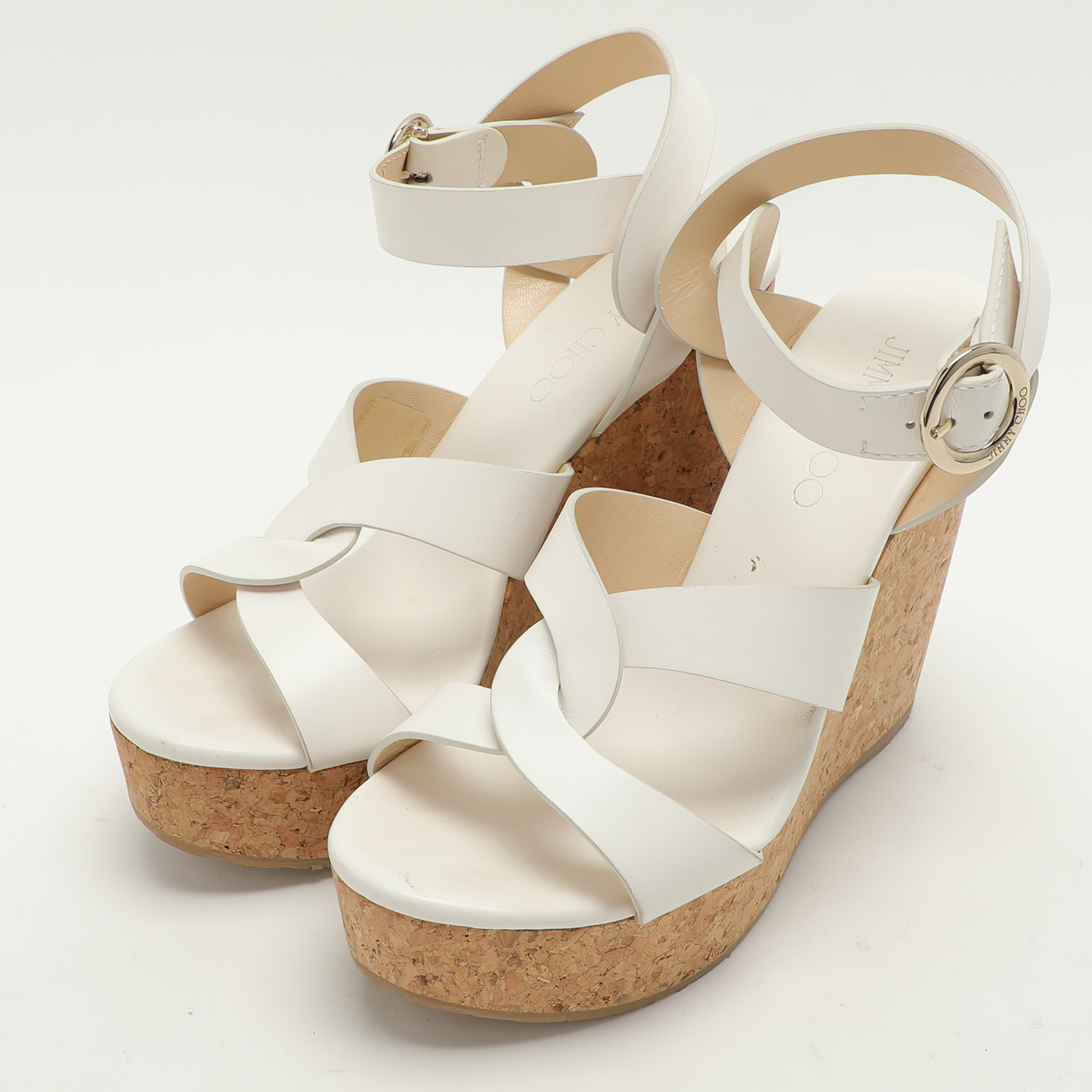 Jimmy Choo White Leather Wedge Cork Platform Sandals Size 38.5