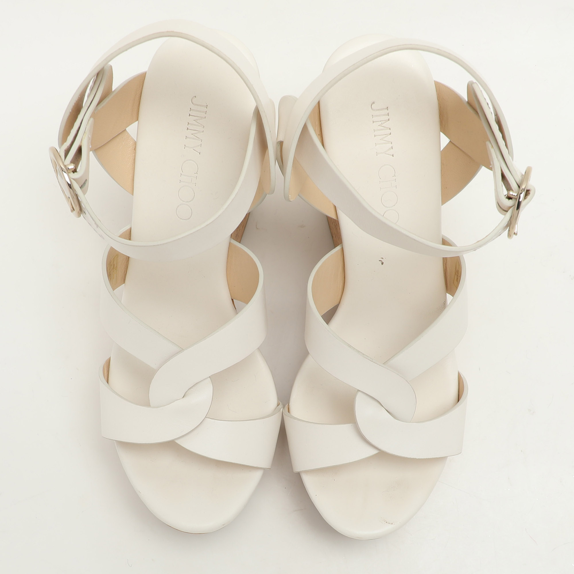 Jimmy Choo White Leather Wedge Cork Platform Sandals Size 38.5