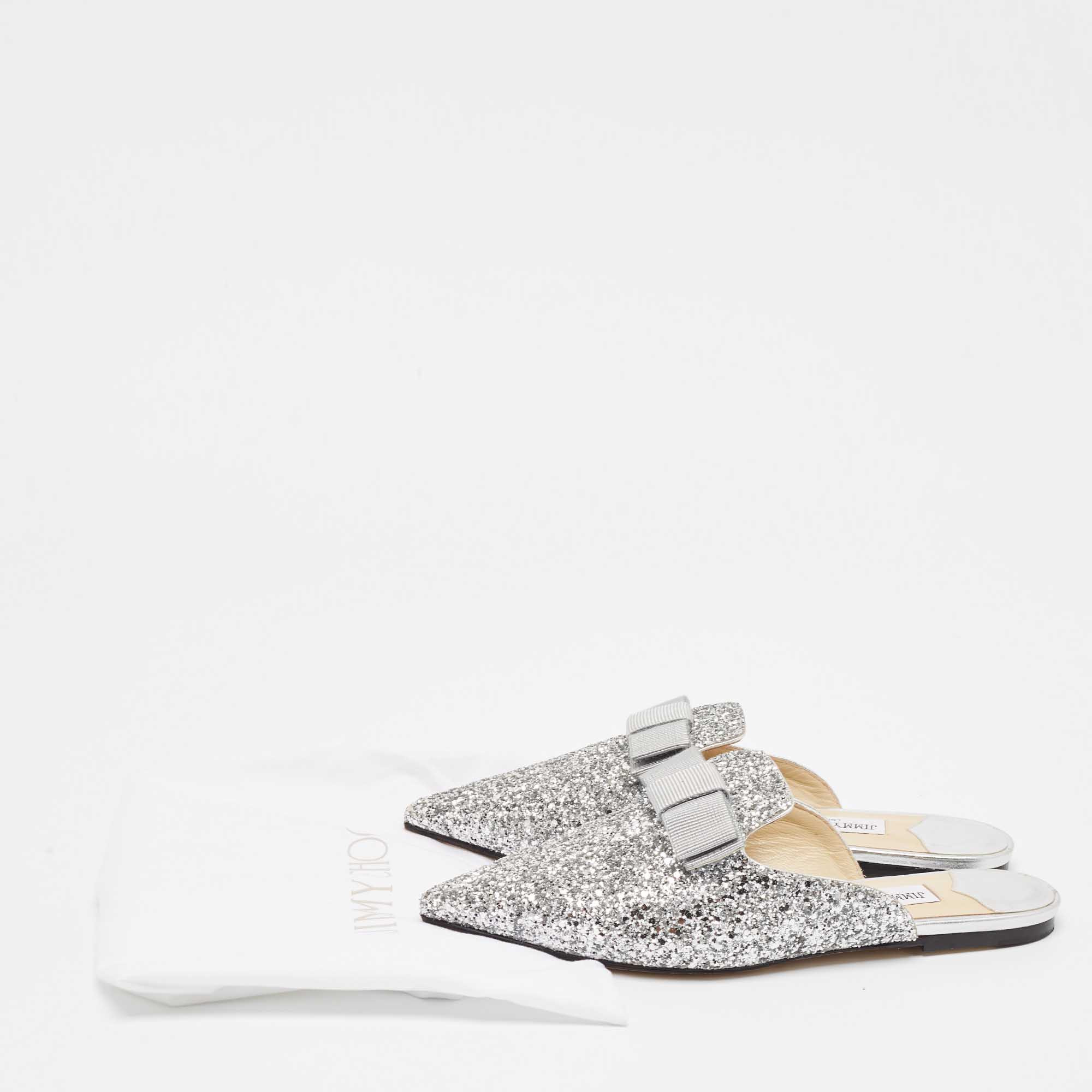 Jimmy Choo Silver Glitter Bow Flat Mules Size 38.5