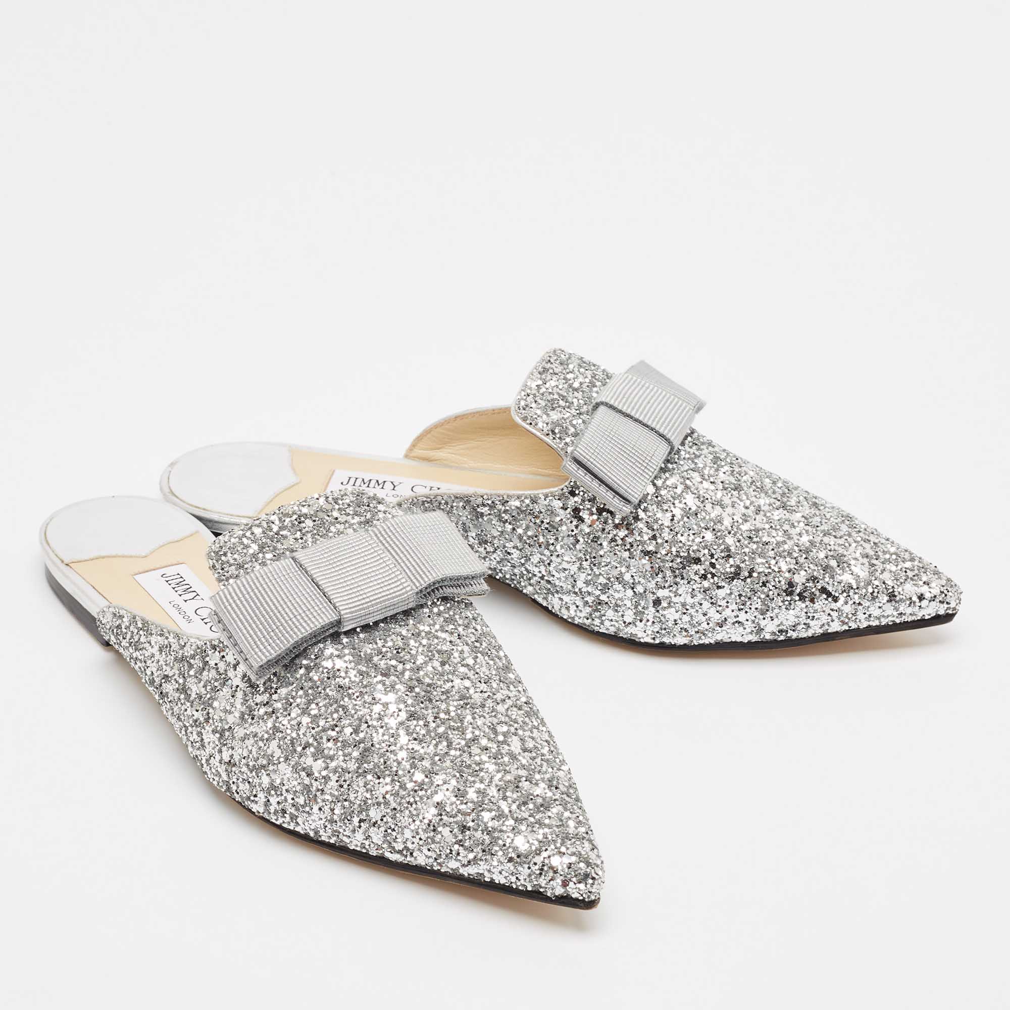 Jimmy Choo Silver Glitter Bow Flat Mules Size 38.5