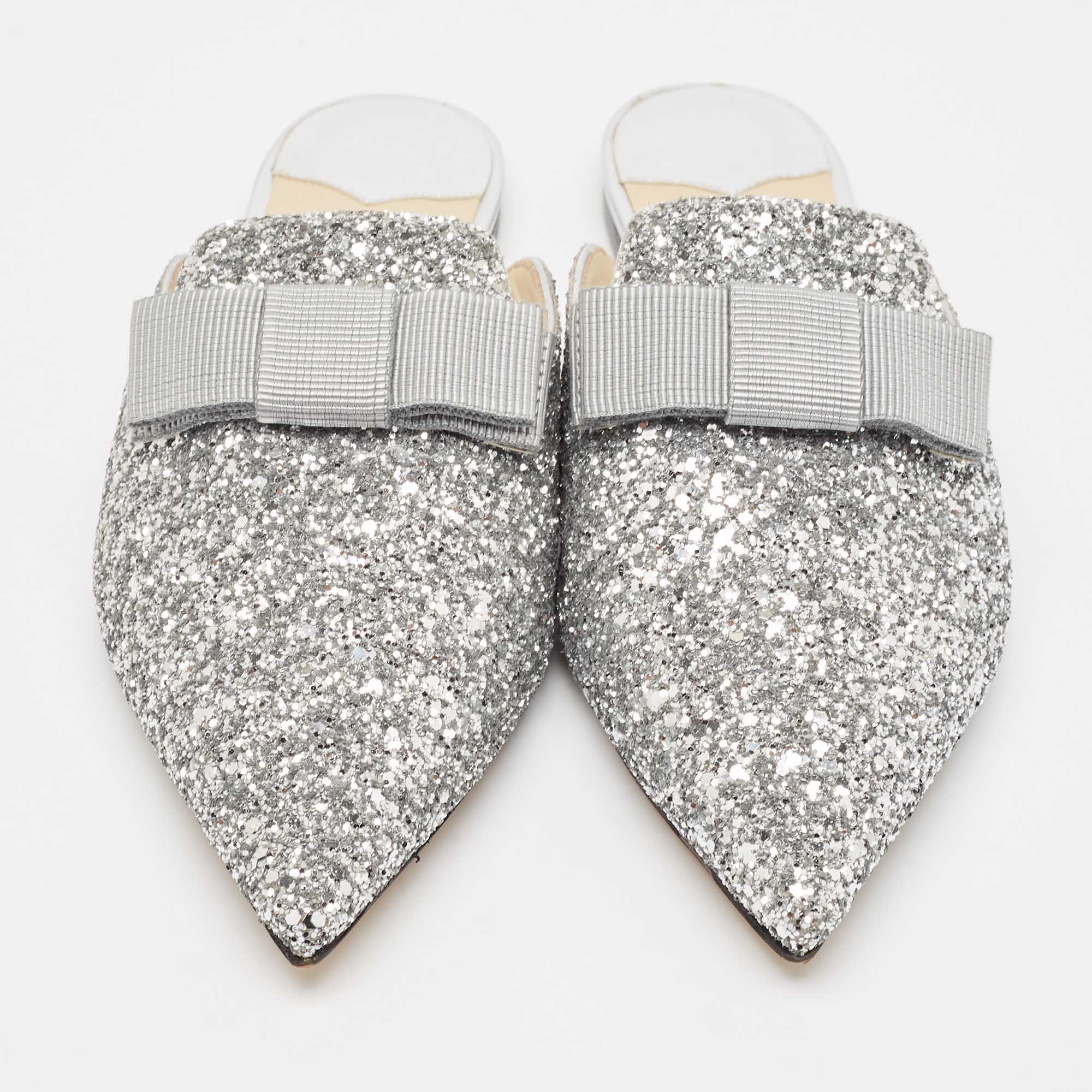 Jimmy Choo Silver Glitter Bow Flat Mules Size 38.5