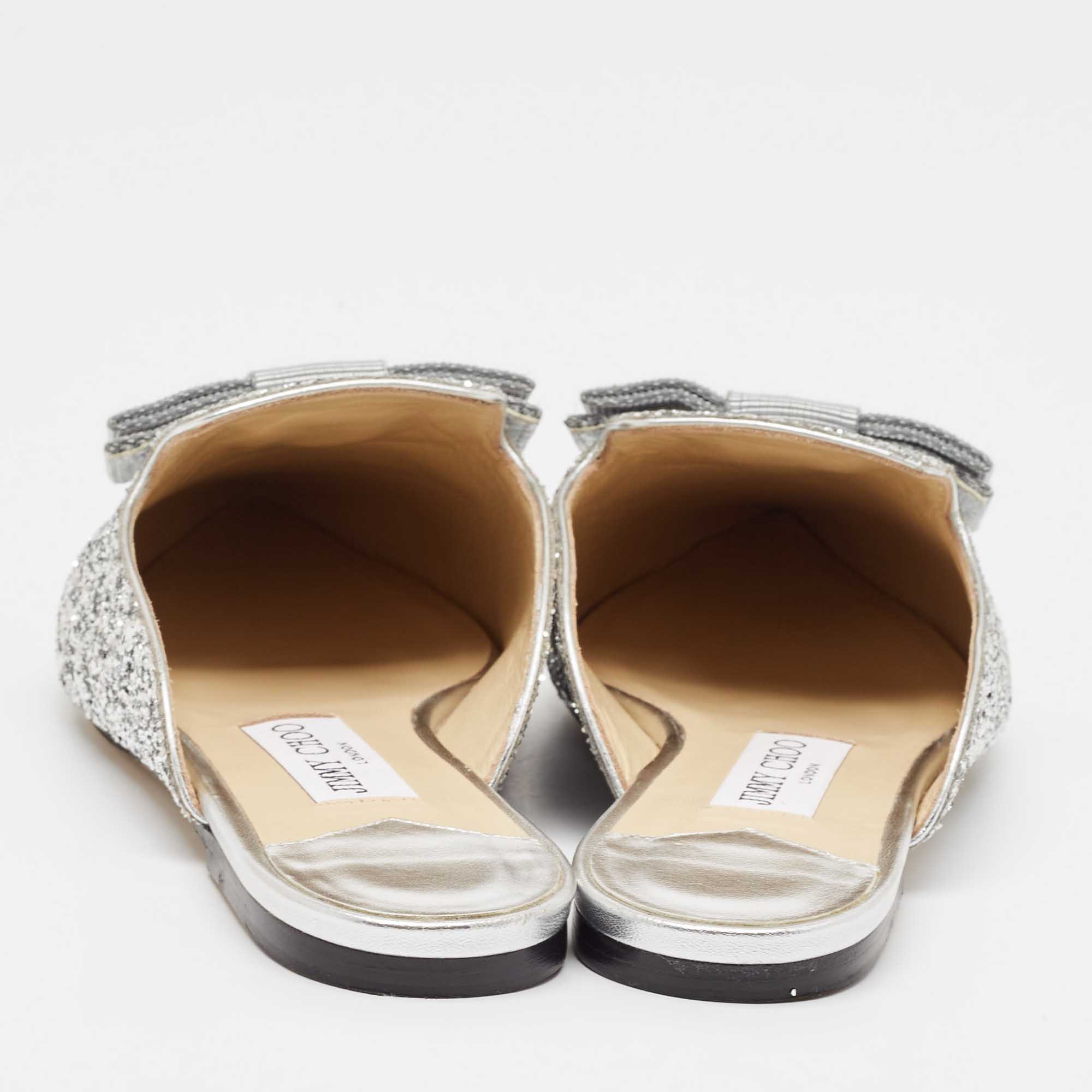 Jimmy Choo Silver Glitter Bow Flat Mules Size 38.5