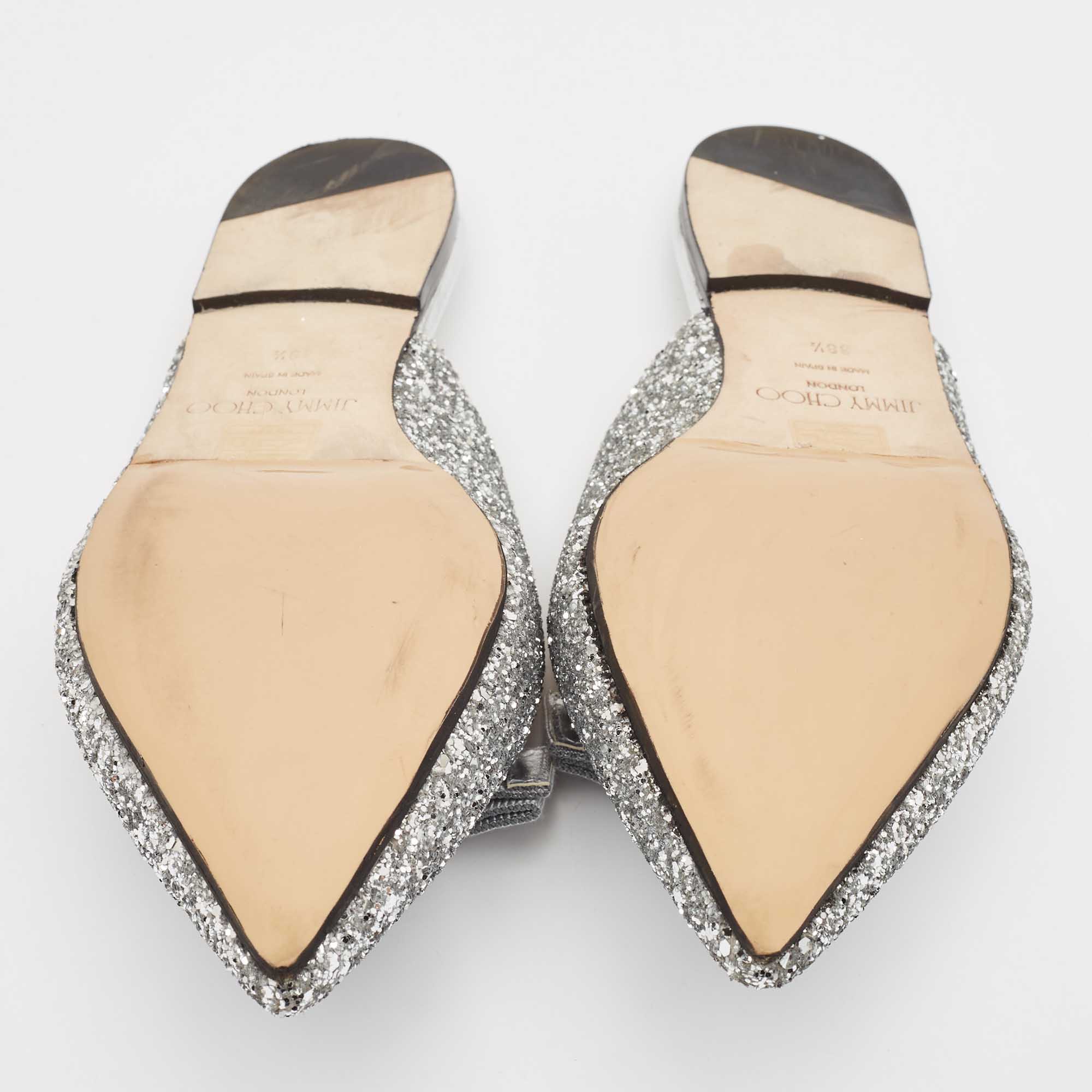 Jimmy Choo Silver Glitter Bow Flat Mules Size 38.5