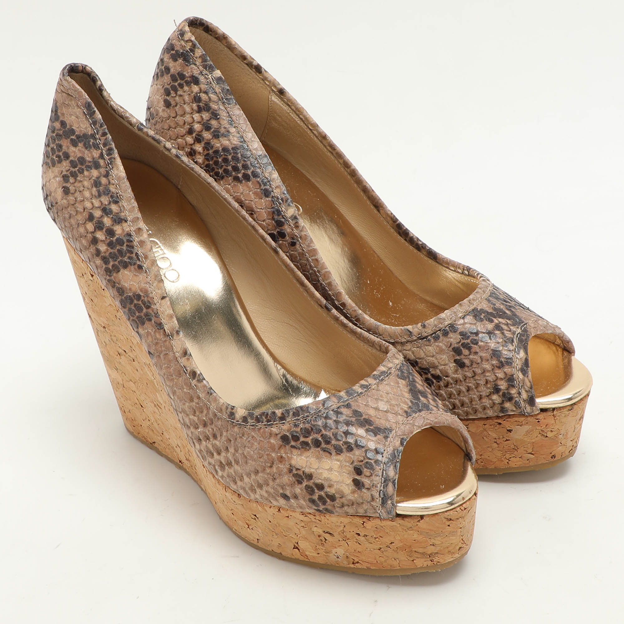 Jimmy Choo Beige/Brown Python Embossed Leather Papina Wedge Pumps Size 37.5