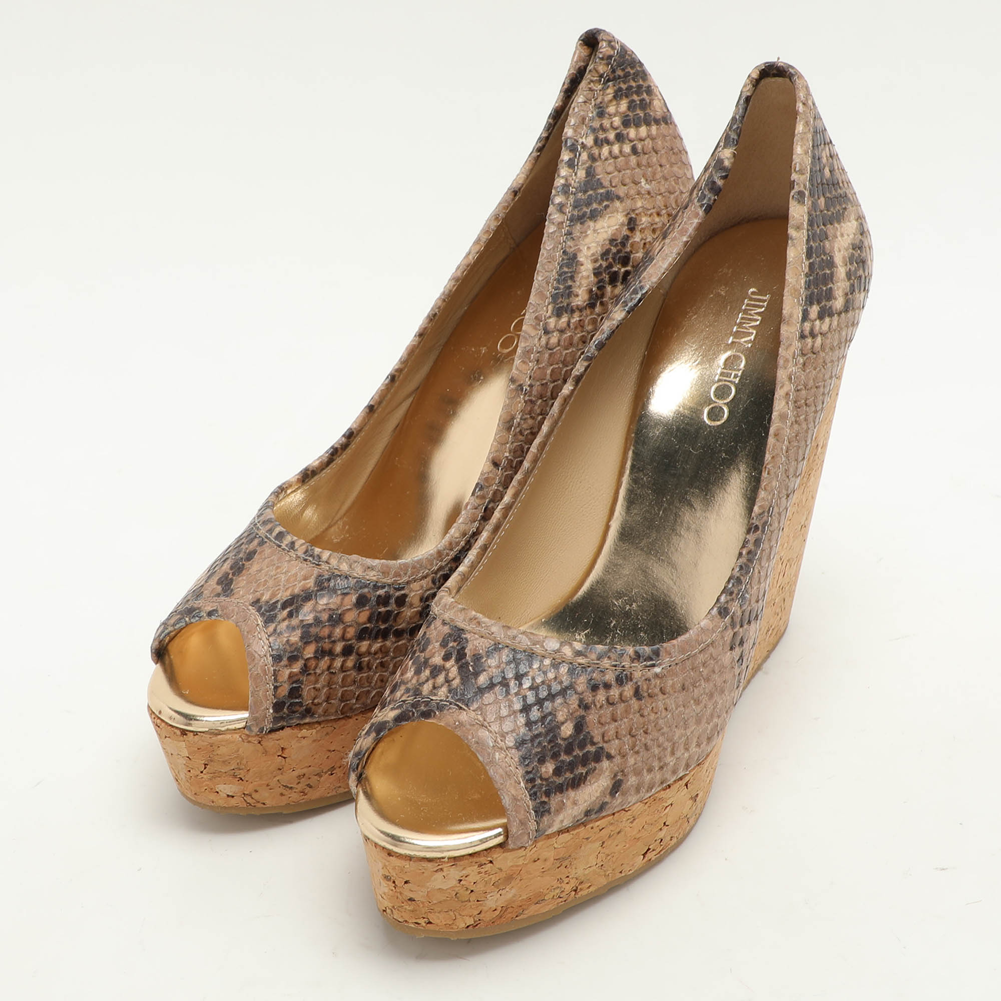 Jimmy Choo Beige/Brown Python Embossed Leather Papina Wedge Pumps Size 37.5