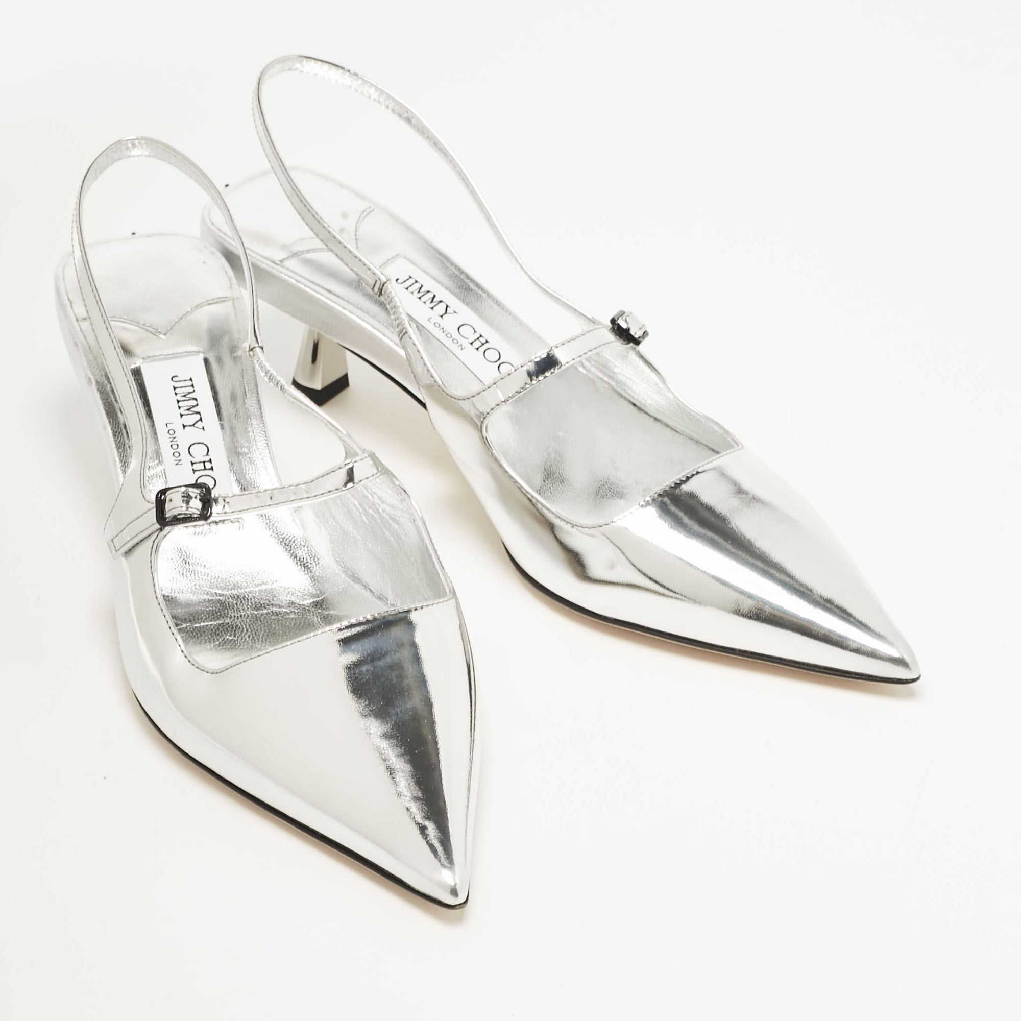 Jimmy Choo Silver Leather Didi Pointed Toe Slingback Pumps Size 38