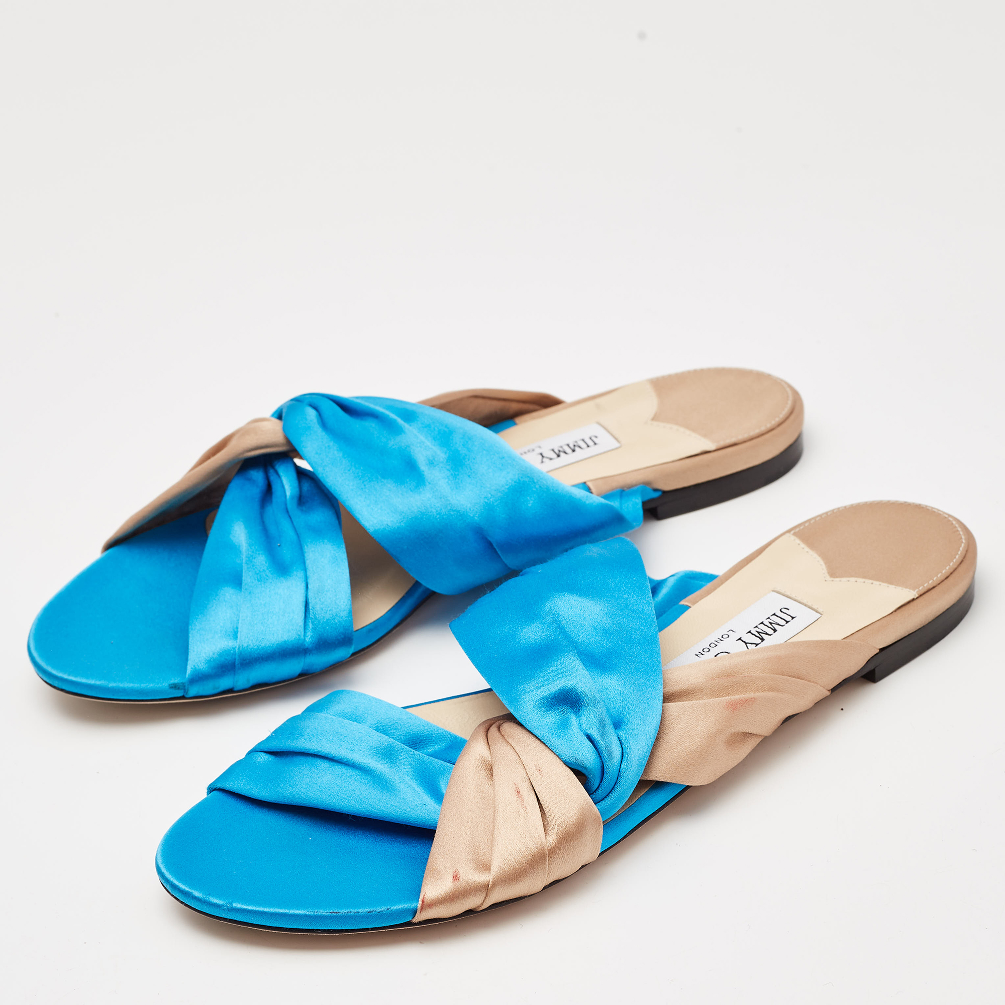 Jimmy Choo Blue/Beige Satin Narisa Flat Sandals Size 38