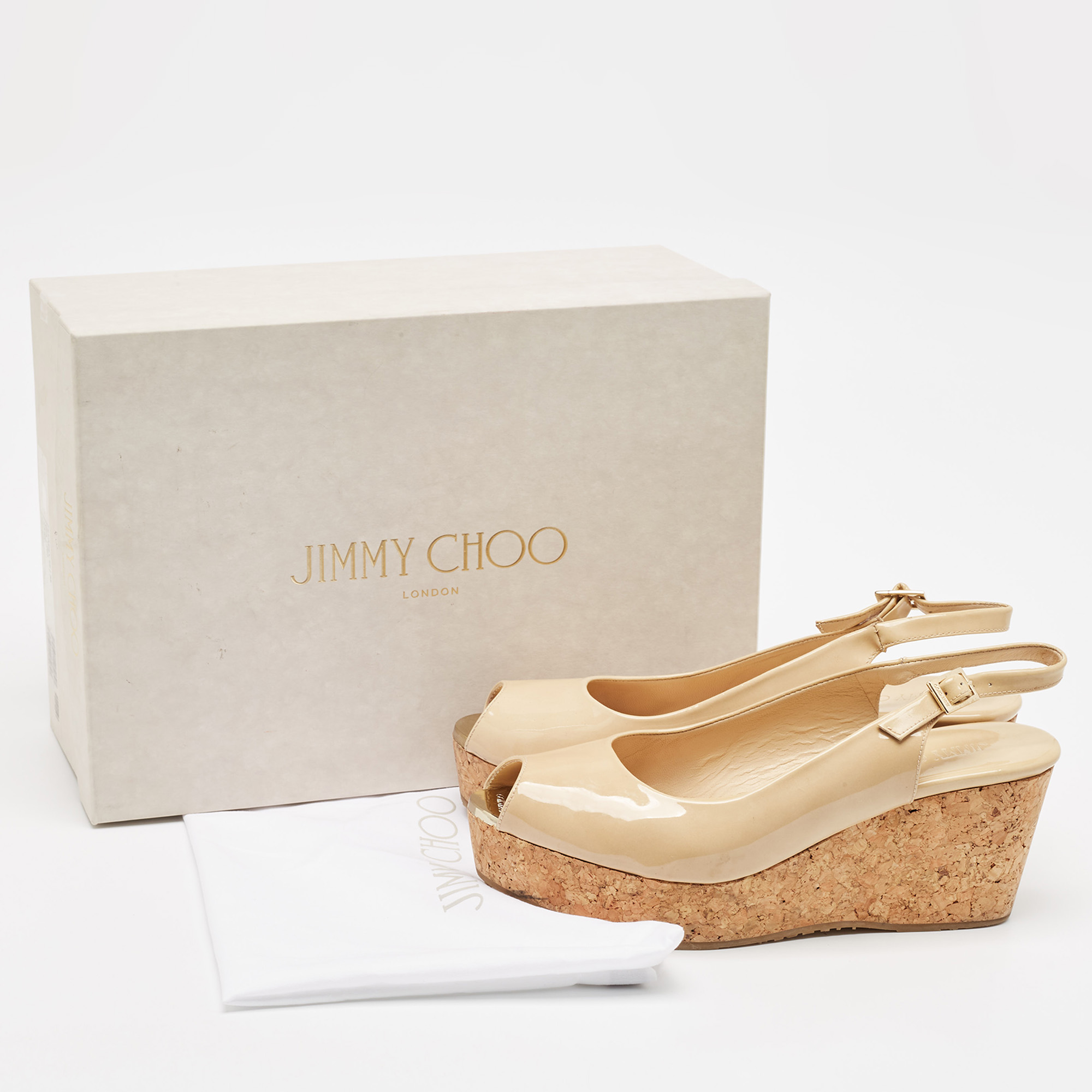 Jimmy Choo Beige Patent Leather Praise Cork Wedge Sandals Size 39