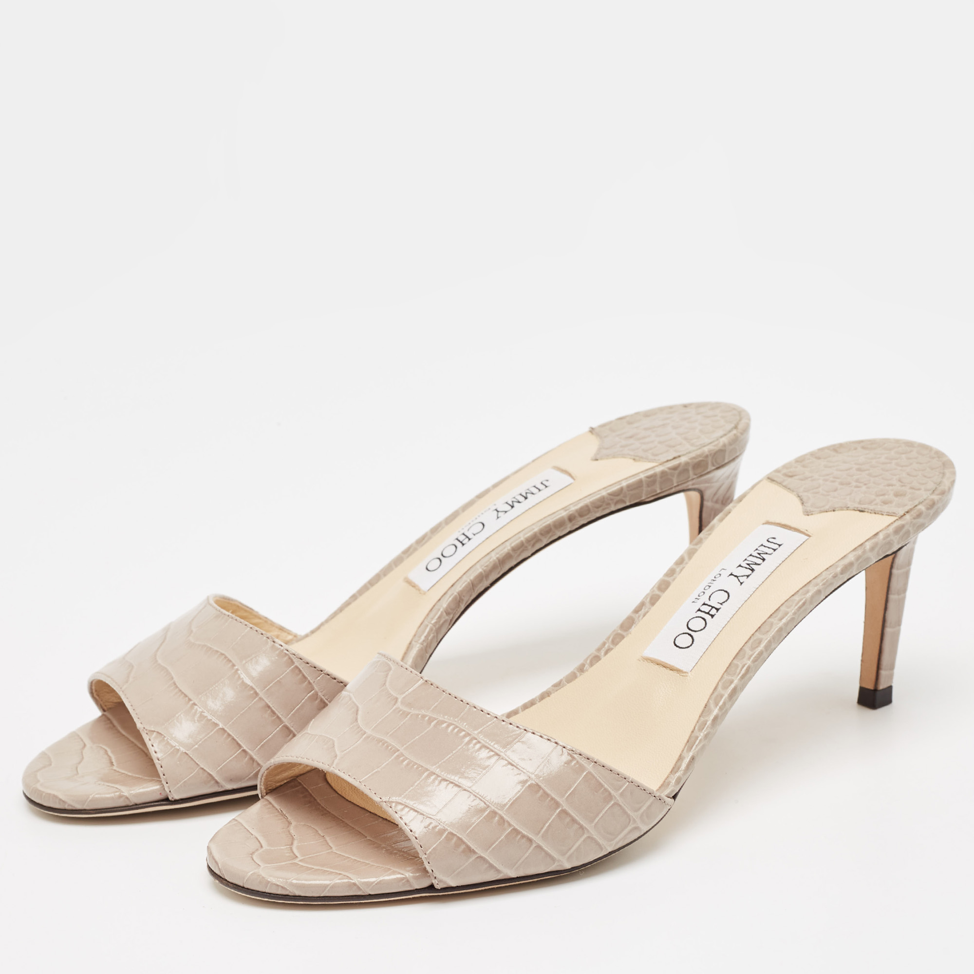 Jimmy Choo Grey Croc Embossed Leather Stacey Slide Sandals Size 39