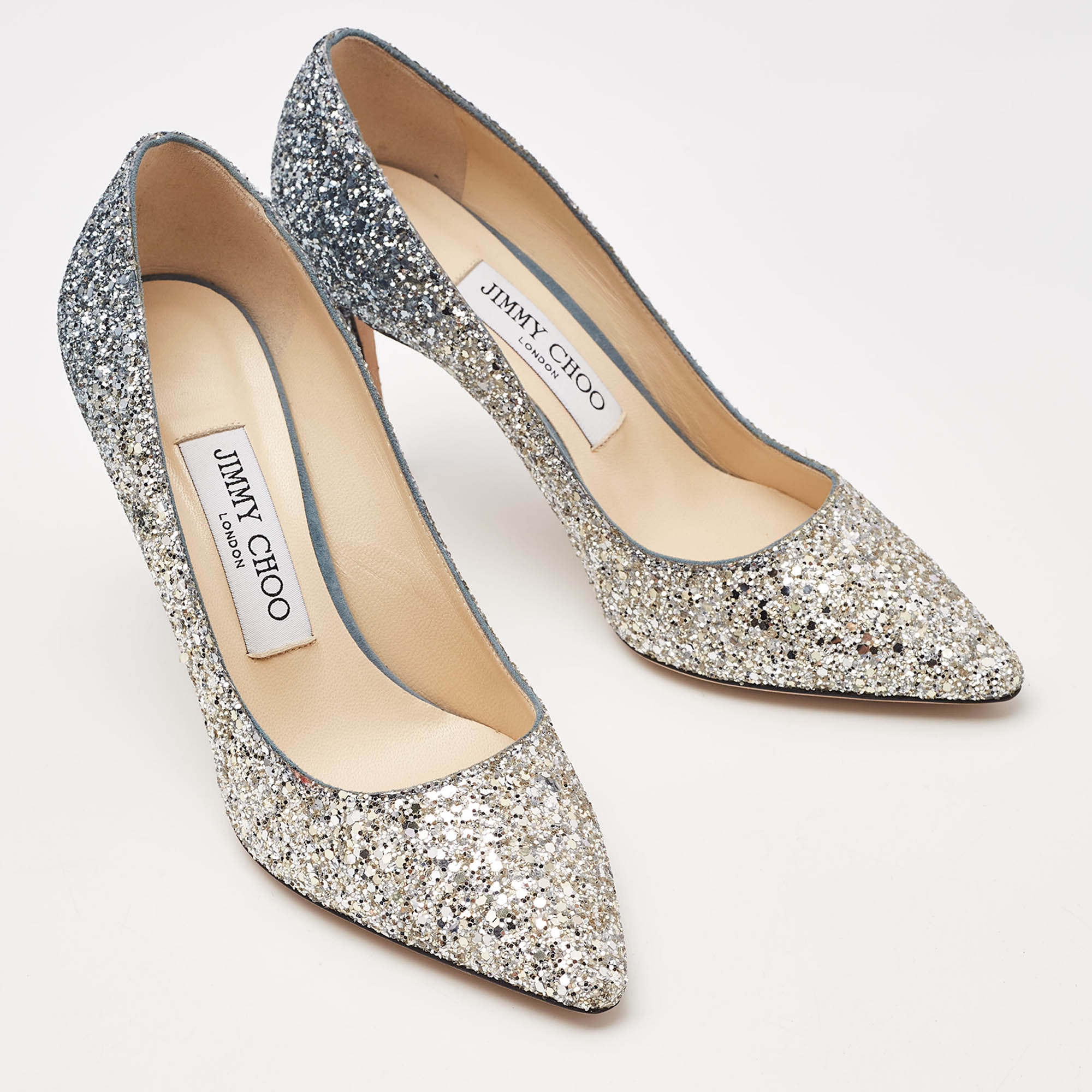 Jimmy Choo Silver/Grey Coarse Glitter Romy Pumps Size 35.5