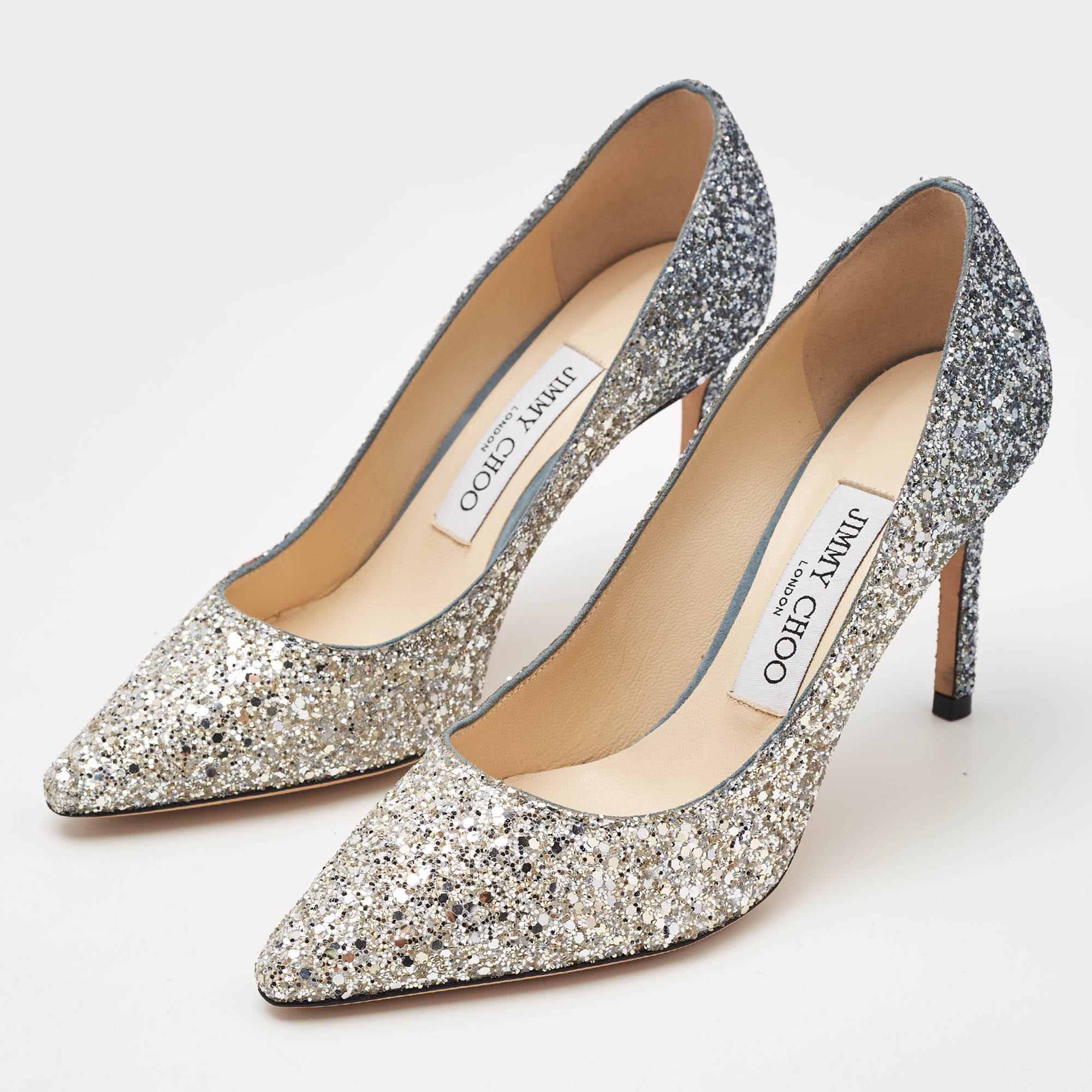 Jimmy Choo Silver/Grey Coarse Glitter Romy Pumps Size 35.5