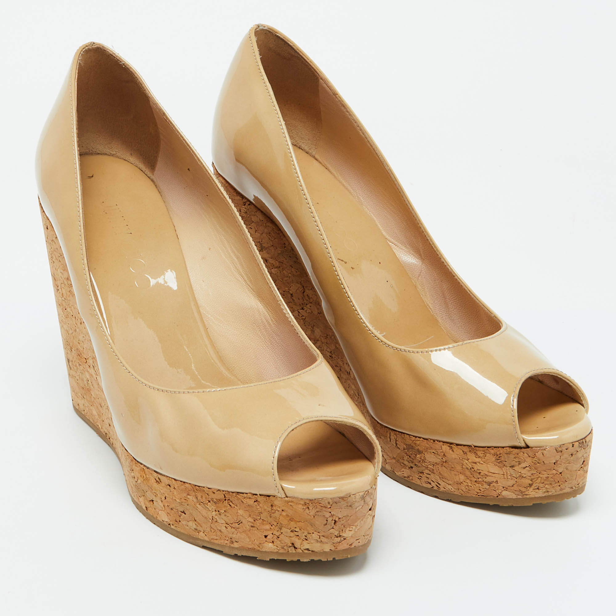 Jimmy Choo Beige Patent Leather Parley Cork Platform Wedge Pumps Size 39.5