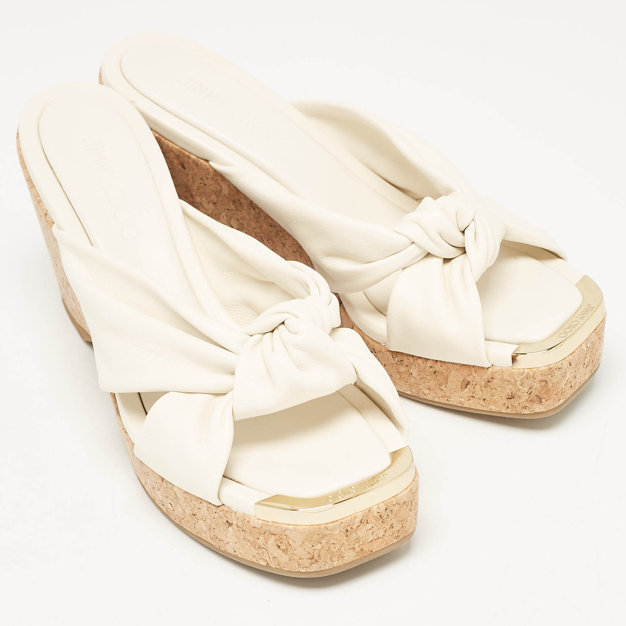 Jimmy Choo Cream Knotted Leather Avenue Wedge Sandals Size 40