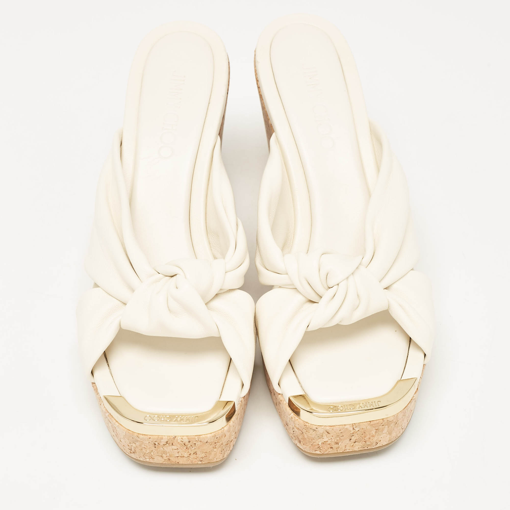 Jimmy Choo Cream Knotted Leather Avenue Wedge Sandals Size 40