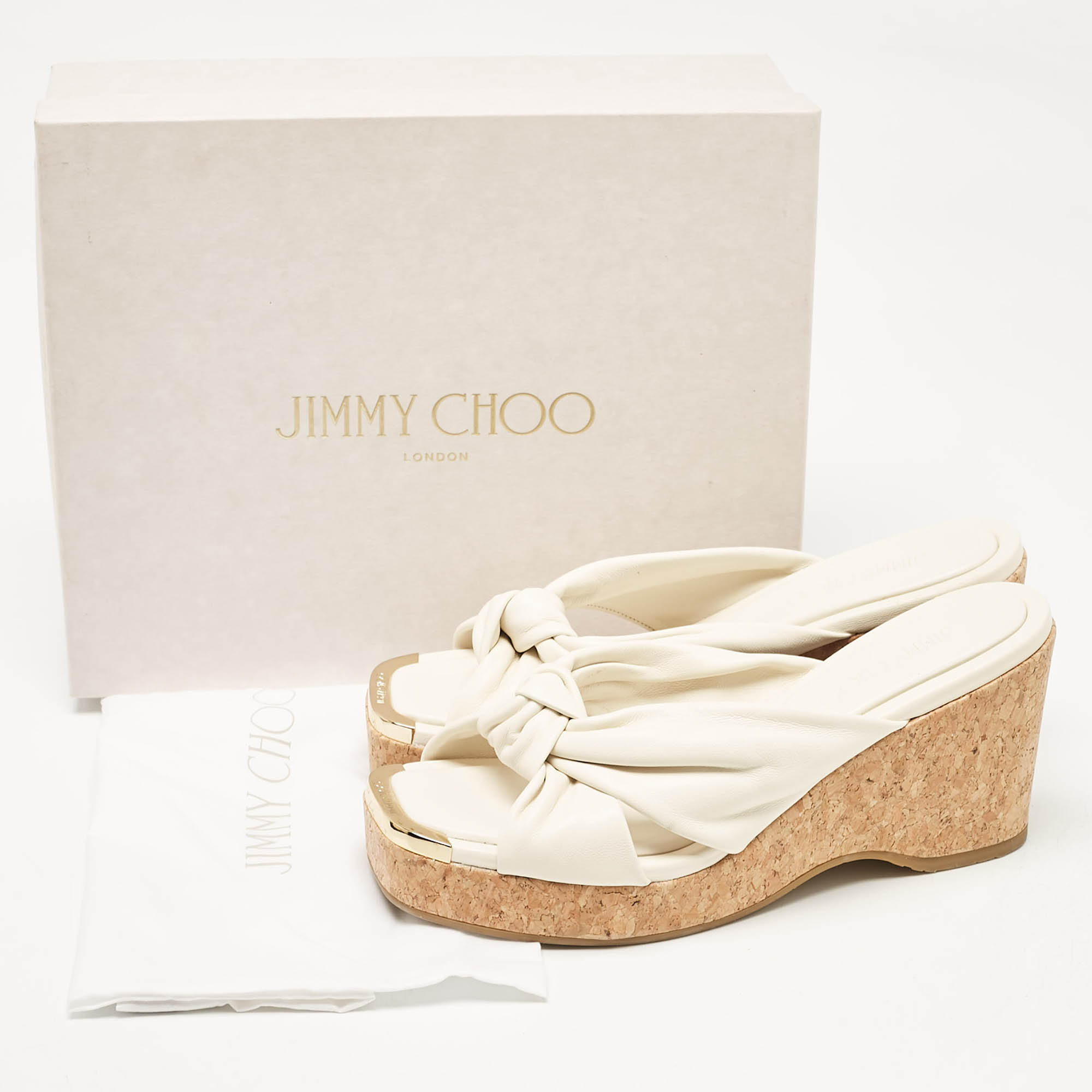 Jimmy Choo Cream Knotted Leather Avenue Wedge Sandals Size 40