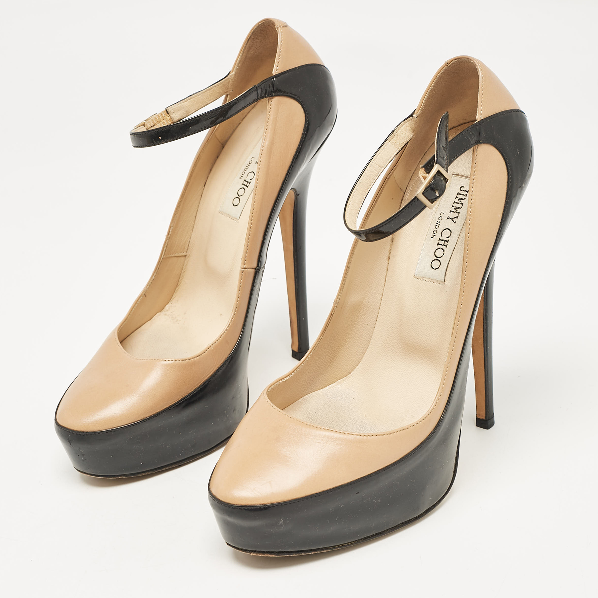 Jimmy Choo Black/Beige Leather And Patent Siskin Platform Pumps Size 40